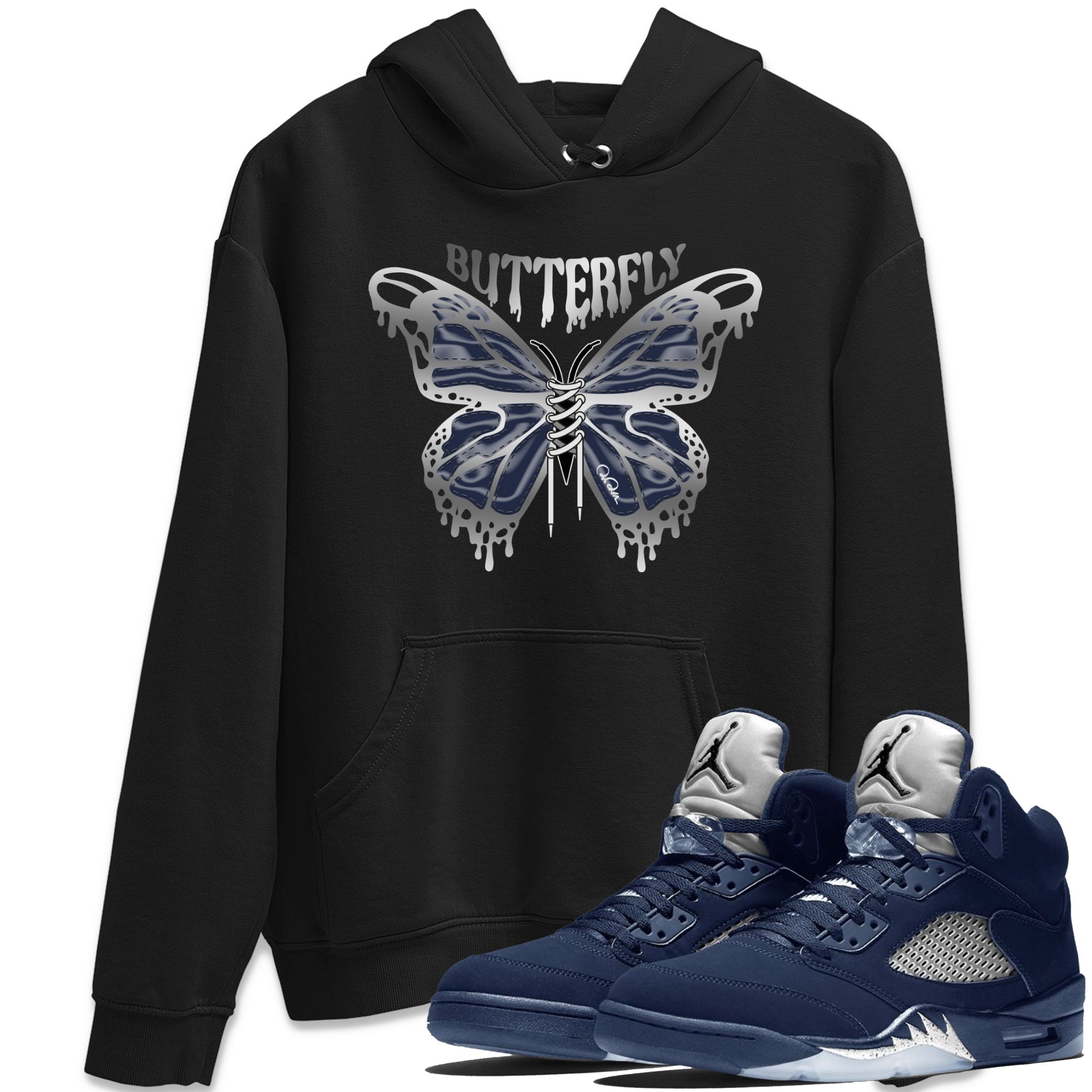 Air Jordan 5 Georgetown Sneaker Match Tees Butterfly Streetwear Sneaker Shirt AJ5 Georgetown Sneaker Release Tees Unisex Shirts Black 1