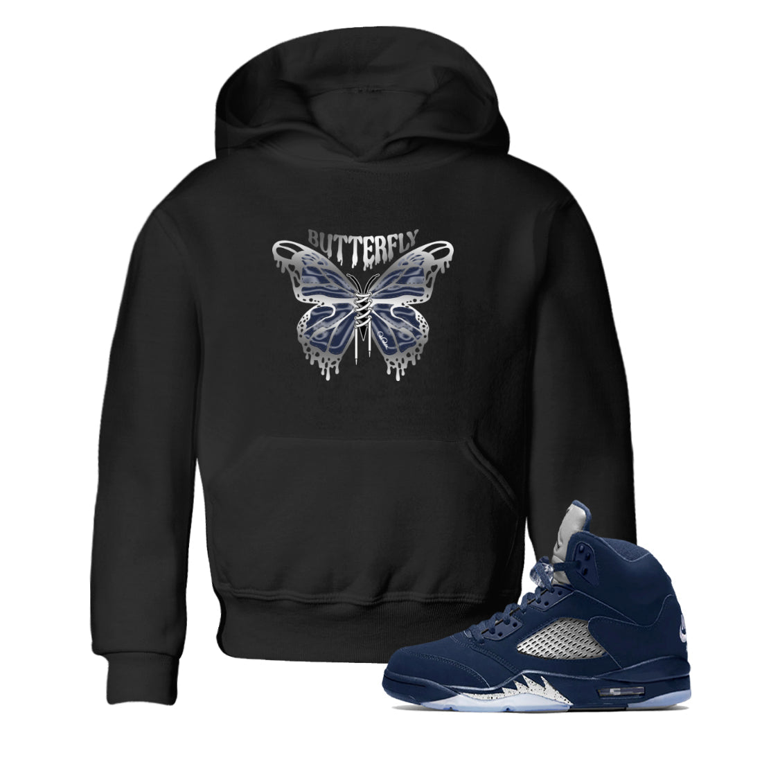Air Jordan 5 Georgetown Sneaker Match Tees Butterfly Streetwear Sneaker Shirt AJ5 Georgetown Sneaker Release Tees Kids Shirts Black 1