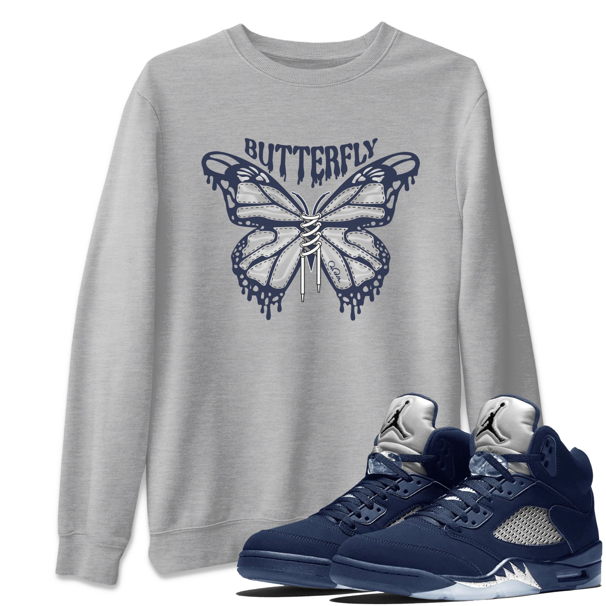 Air Jordan 5 Georgetown Sneaker Match Tees Butterfly Streetwear Sneaker Shirt AJ5 Georgetown Sneaker Release Tees Unisex Shirts Heather Grey 1