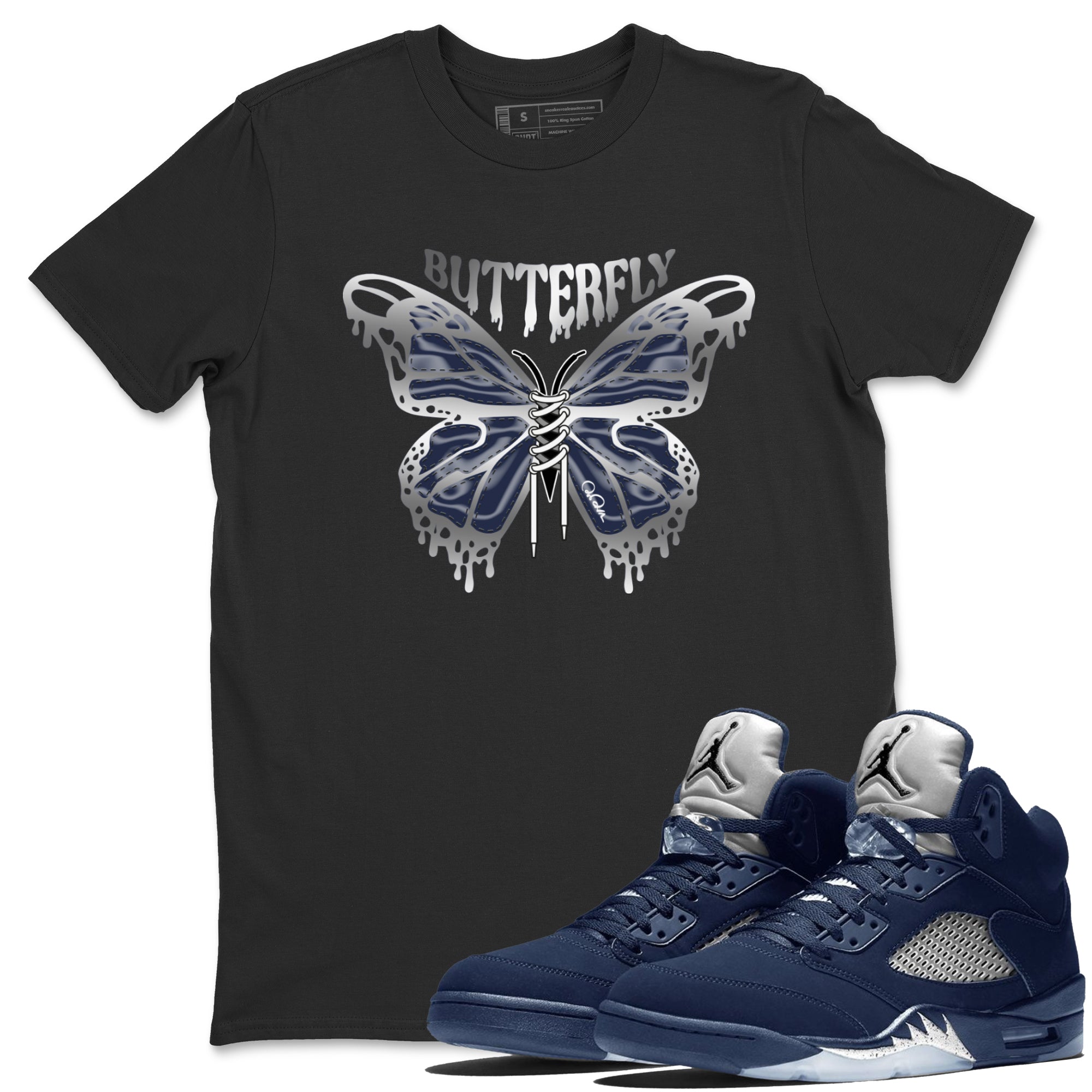 Air Jordan 5 Georgetown Sneaker Match Tees Butterfly Streetwear Sneaker Shirt AJ5 Georgetown Sneaker Release Tees Unisex Shirts Black 1