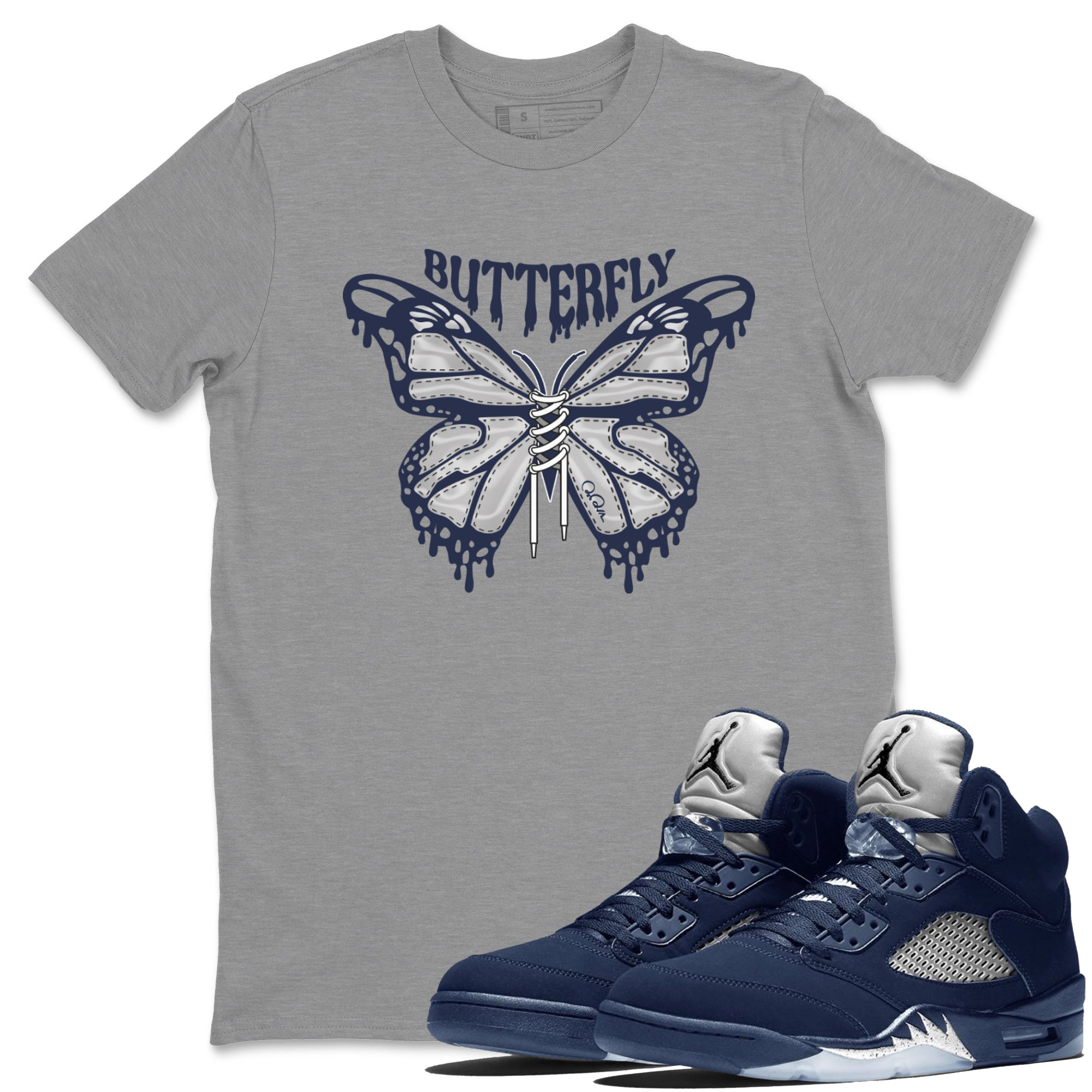 Air Jordan 5 Georgetown Sneaker Match Tees Butterfly Streetwear Sneaker Shirt AJ5 Georgetown Sneaker Release Tees Unisex Shirts Heather Grey 1