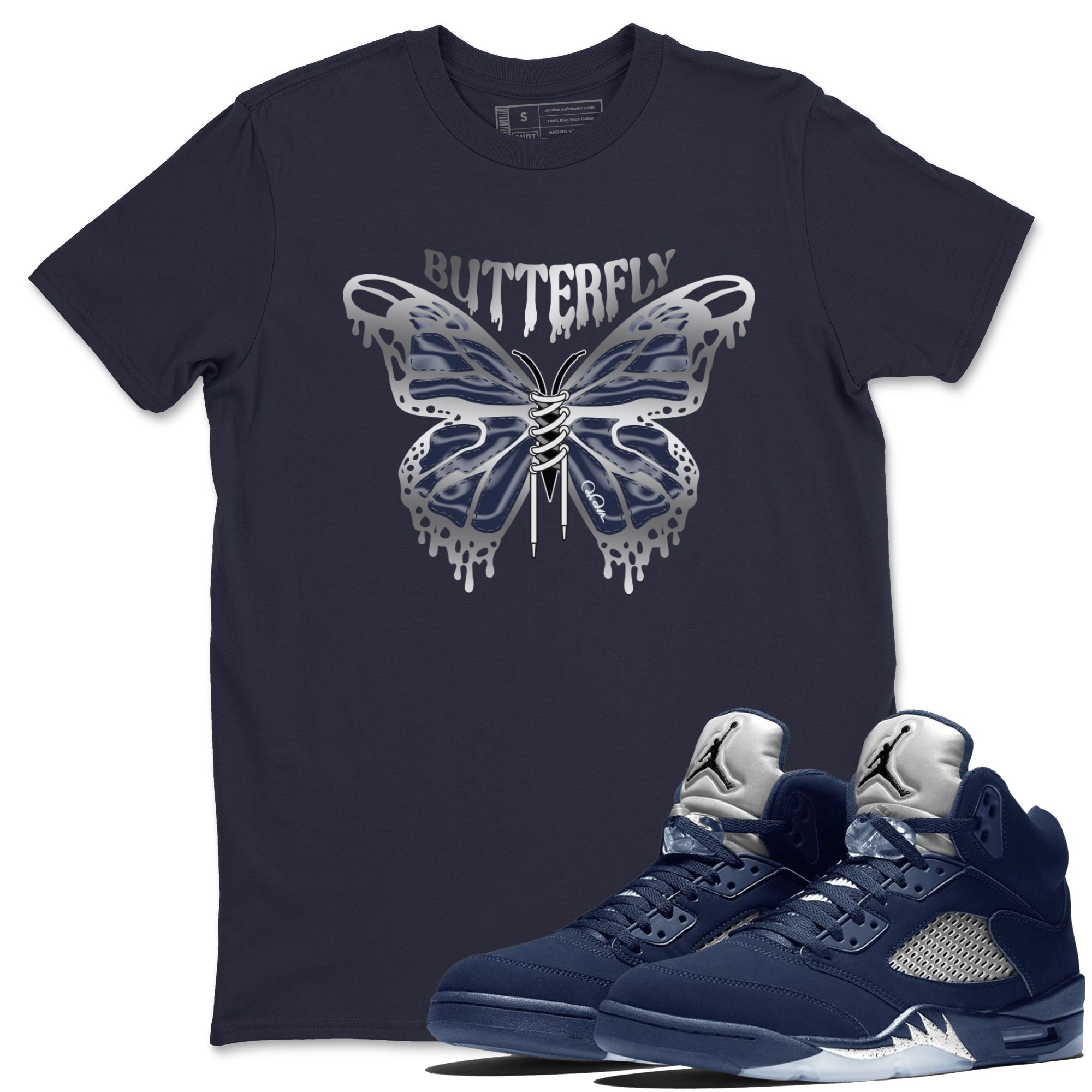 Air Jordan 5 Georgetown Sneaker Match Tees Butterfly Streetwear Sneaker Shirt AJ5 Georgetown Sneaker Release Tees Unisex Shirts Navy 1