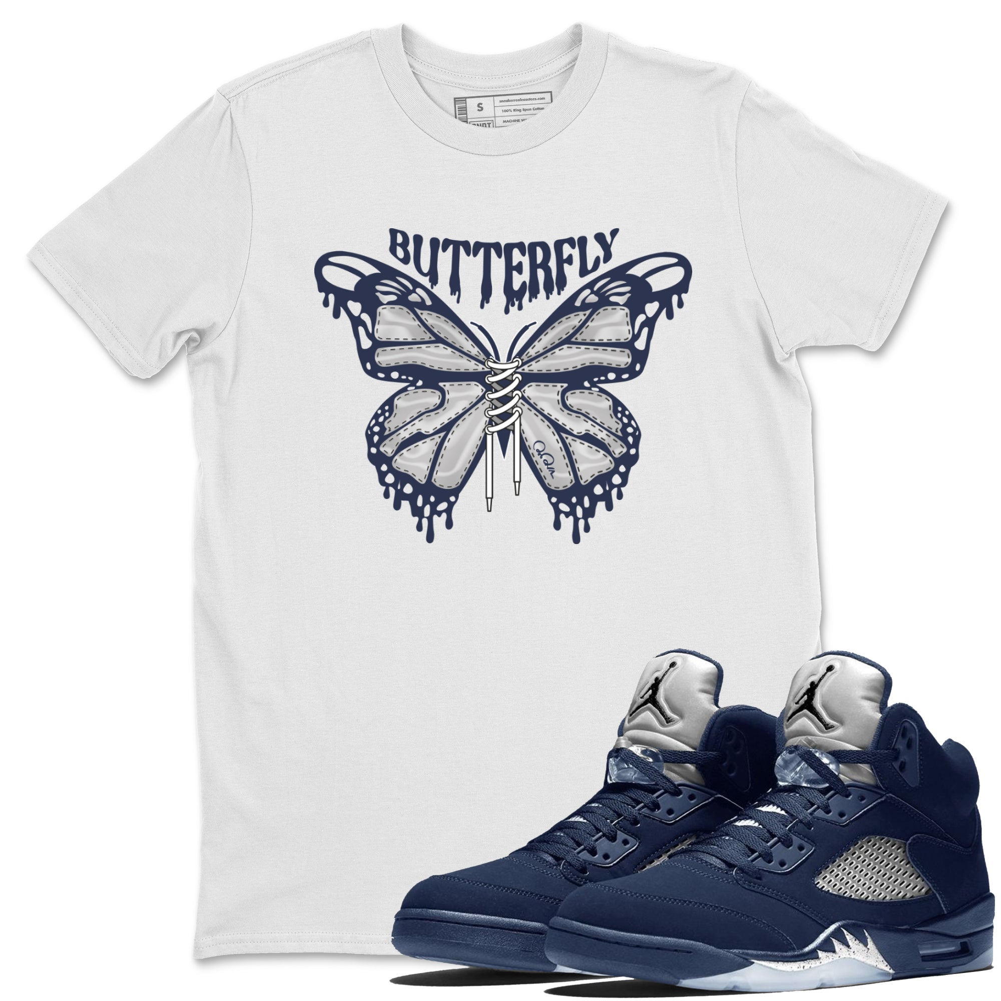 Air Jordan 5 Georgetown Sneaker Match Tees Butterfly Streetwear Sneaker Shirt AJ5 Georgetown Sneaker Release Tees Unisex Shirts White 1