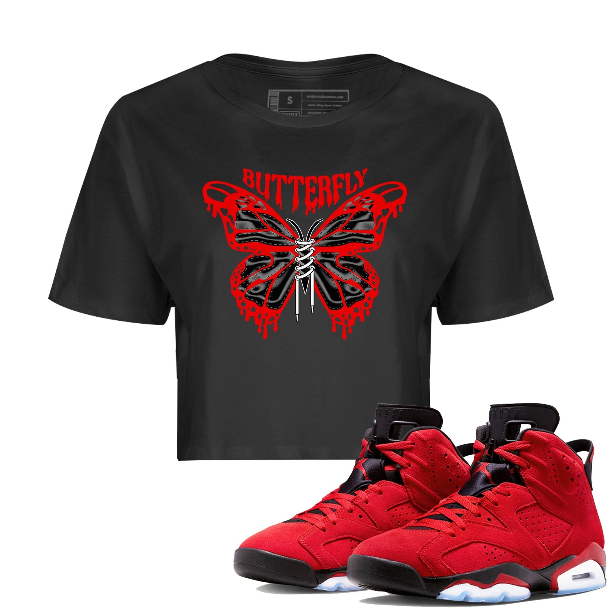 Air Jordan 6 Toro Bravo Sneaker Match Tees Butterfly Sneaker Tees AJ6 Toro Bravo Sneaker Release Tees Women's Shirts Black 1