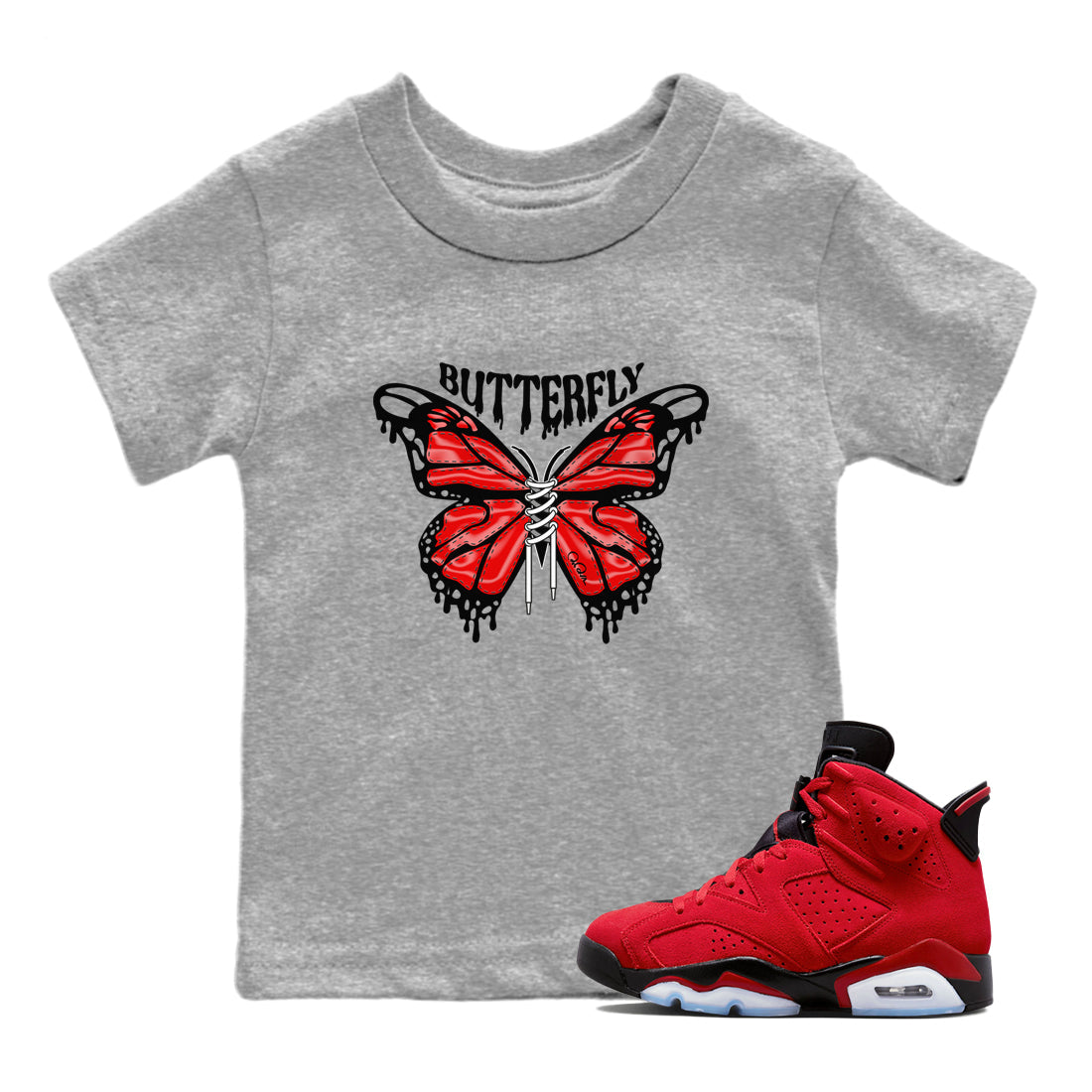 Air Jordan 6 Toro Bravo Sneaker Match Tees Butterfly Sneaker Tees AJ6 Toro Bravo Sneaker Release Tees Kids Shirts Heather Grey 1