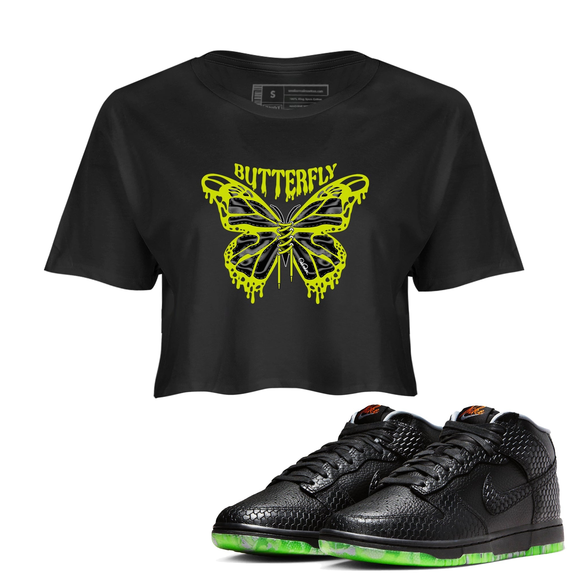Dunk Halloween shirt to match jordans Butterfly sneaker tees halloween horror nights Nike Dunk Halloween Drip Gear Zone Black 1 Crop T-Shirt