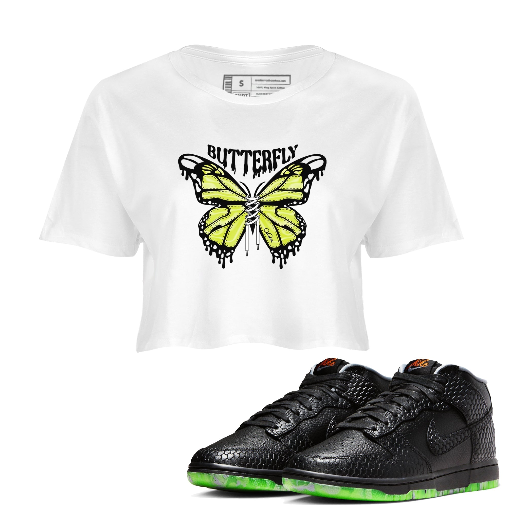 Dunk Halloween shirt to match jordans Butterfly sneaker tees halloween horror nights Nike Dunk Halloween Drip Gear Zone White 1 Crop T-Shirt