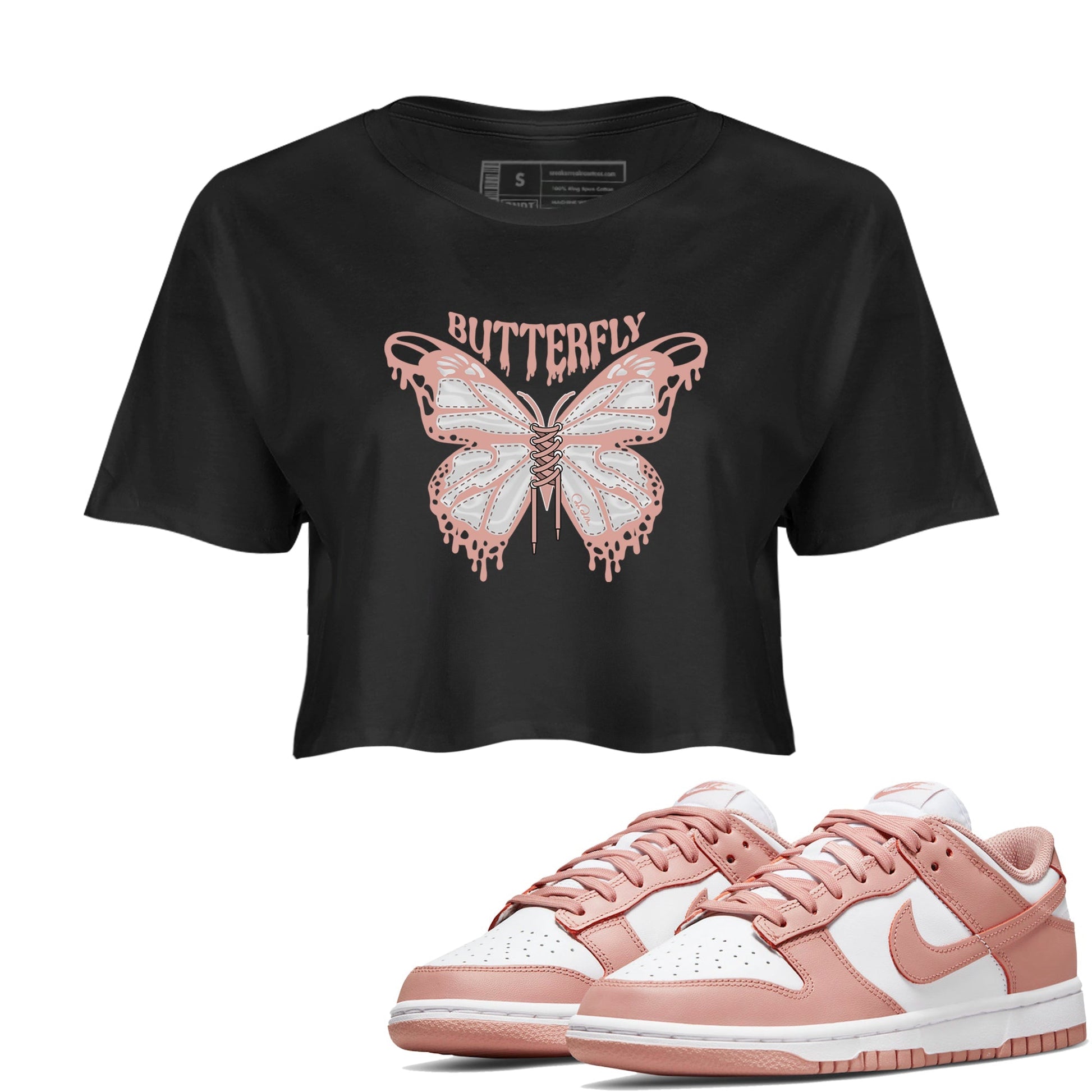 Dunk Rose Whisper shirt to match jordans Butterfly Streetwear Sneaker Shirt Nike Dunk LowRose Whisper Drip Gear Zone Sneaker Matching Clothing Black 1 Crop T-Shirt