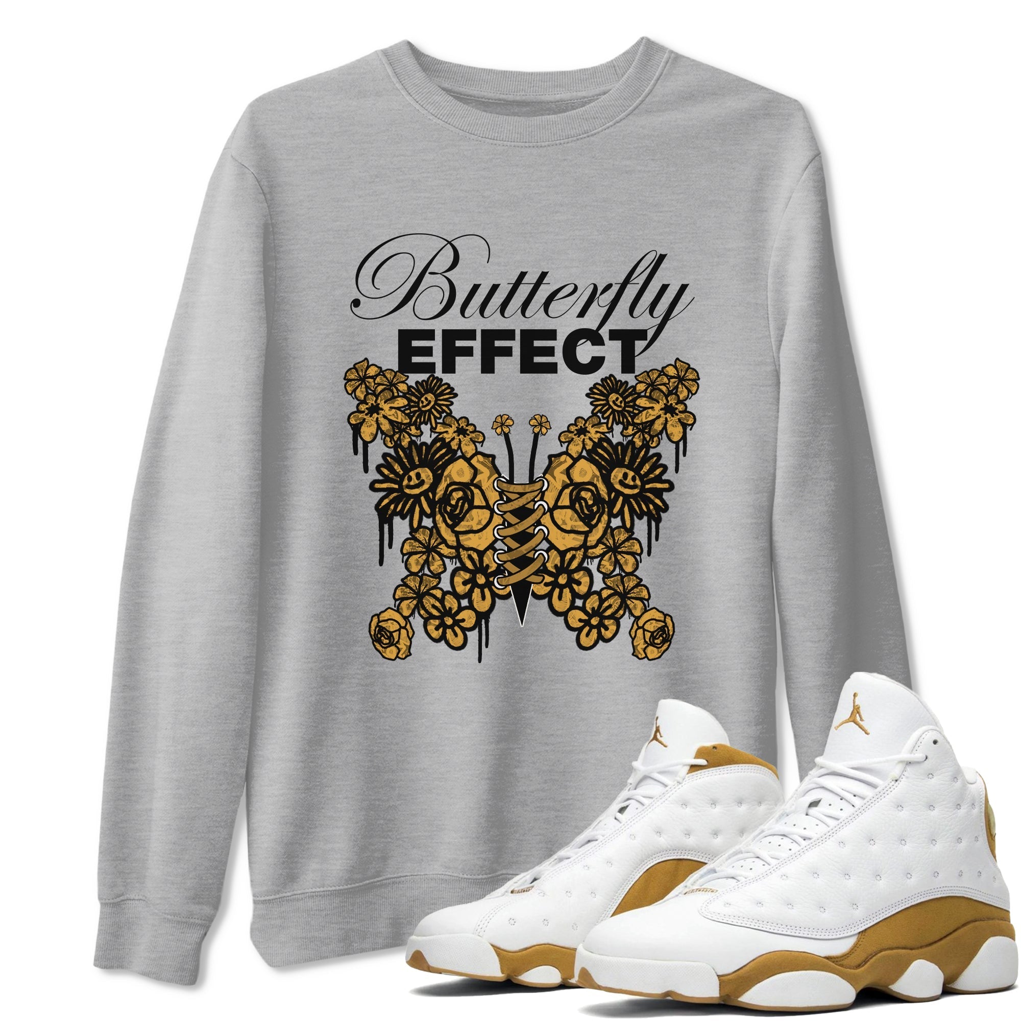Air Jordan 13 Wheat shirt to match jordans Butterfly Effect sneaker tees AJ13 Wheat SNRT Sneaker Release Tees Unisex Heather Grey 1 T-Shirt