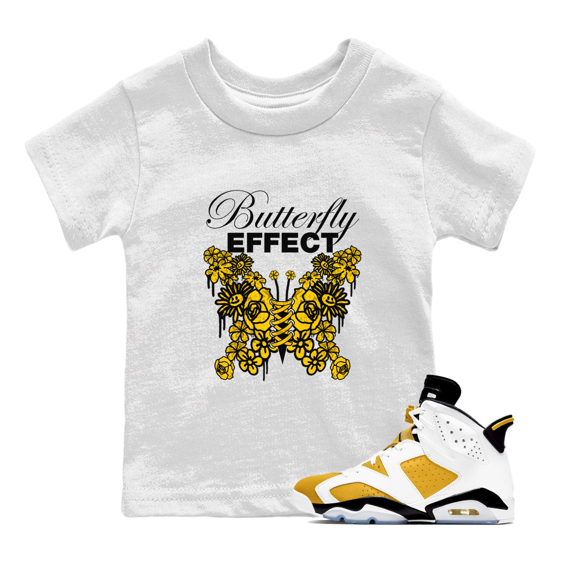 Air Jordan 6 Yellow Ochre shirt to match jordans Butterfly Effect sneaker tees streetwear brand AJ6 Yellow Ochre Drip Gear Zone Brand Baby Toddler White 1 T-Shirt