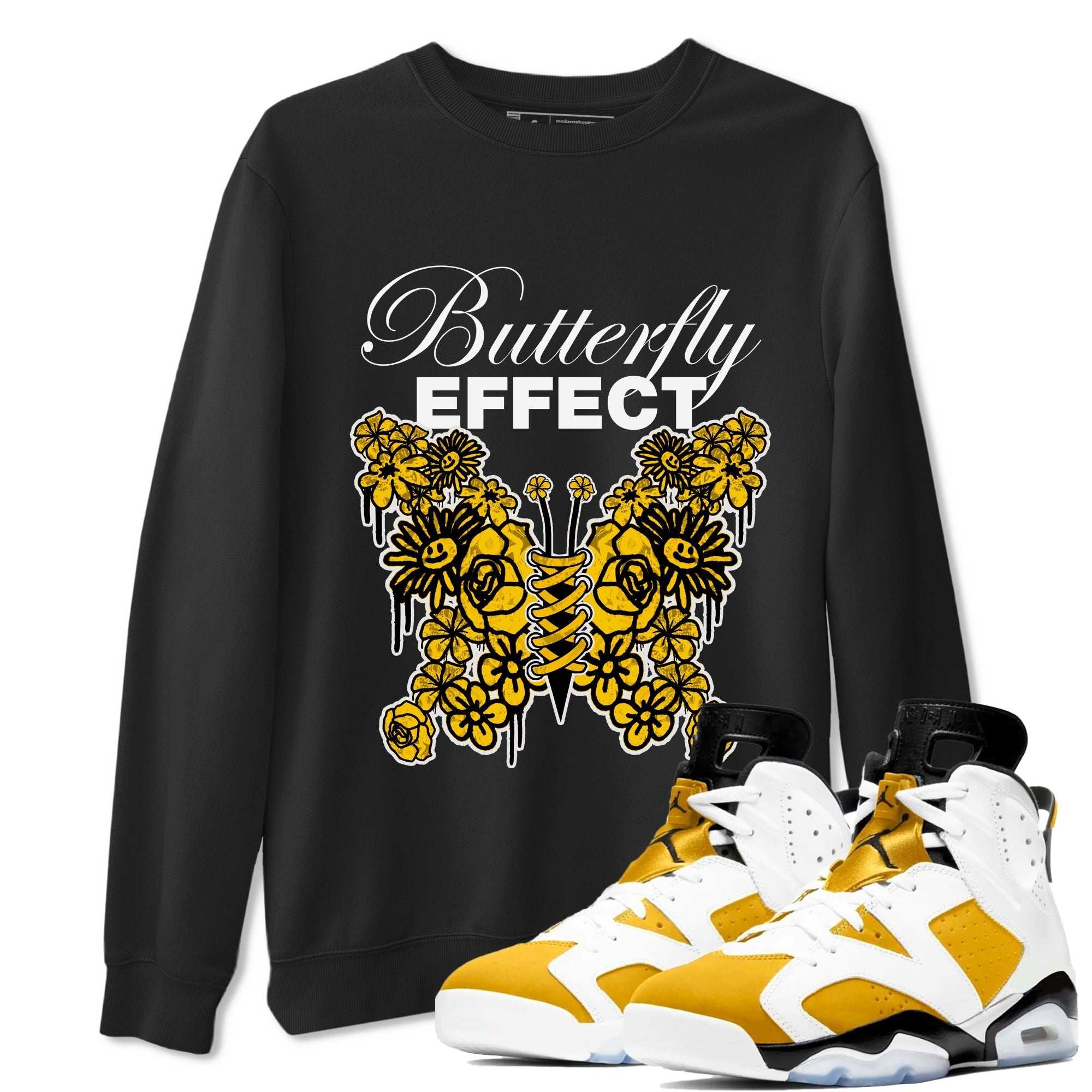 Air Jordan 6 Yellow Ochre shirt to match jordans Butterfly Effect sneaker tees streetwear brand AJ6 Yellow Ochre Drip Gear Zone Brand Unisex Black 1 T-Shirt