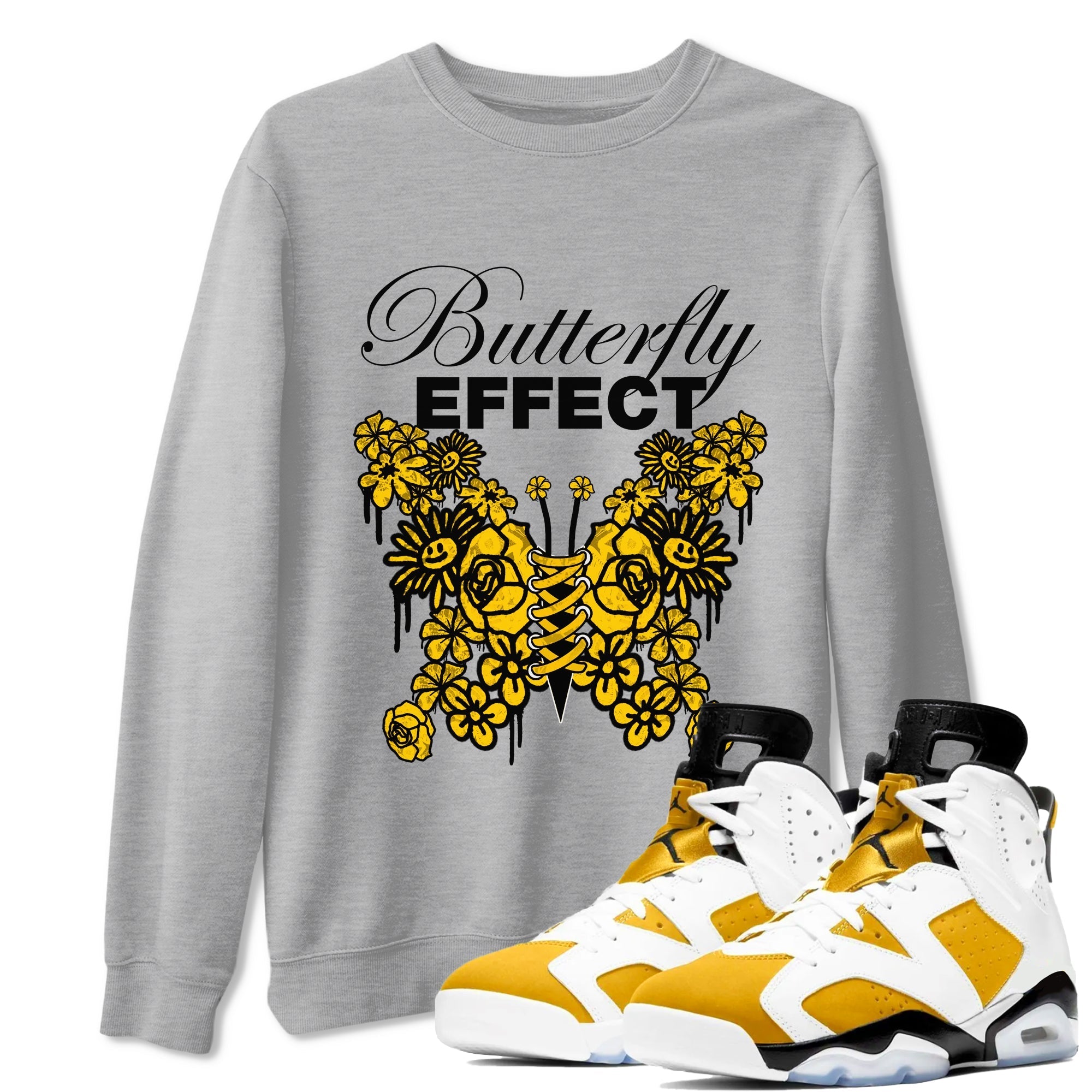 Air Jordan 6 Yellow Ochre shirt to match jordans Butterfly Effect sneaker tees streetwear brand AJ6 Yellow Ochre Drip Gear Zone Brand Unisex Heather Grey 1 T-Shirt