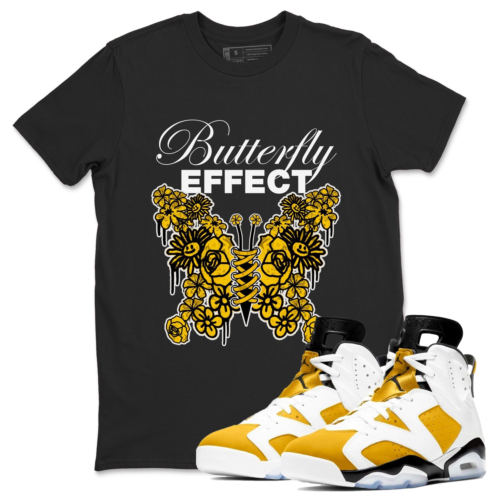 Air Jordan 6 Yellow Ochre shirt to match jordans Butterfly Effect sneaker tees streetwear brand AJ6 Yellow Ochre Drip Gear Zone Brand Unisex Black 1 T-Shirt