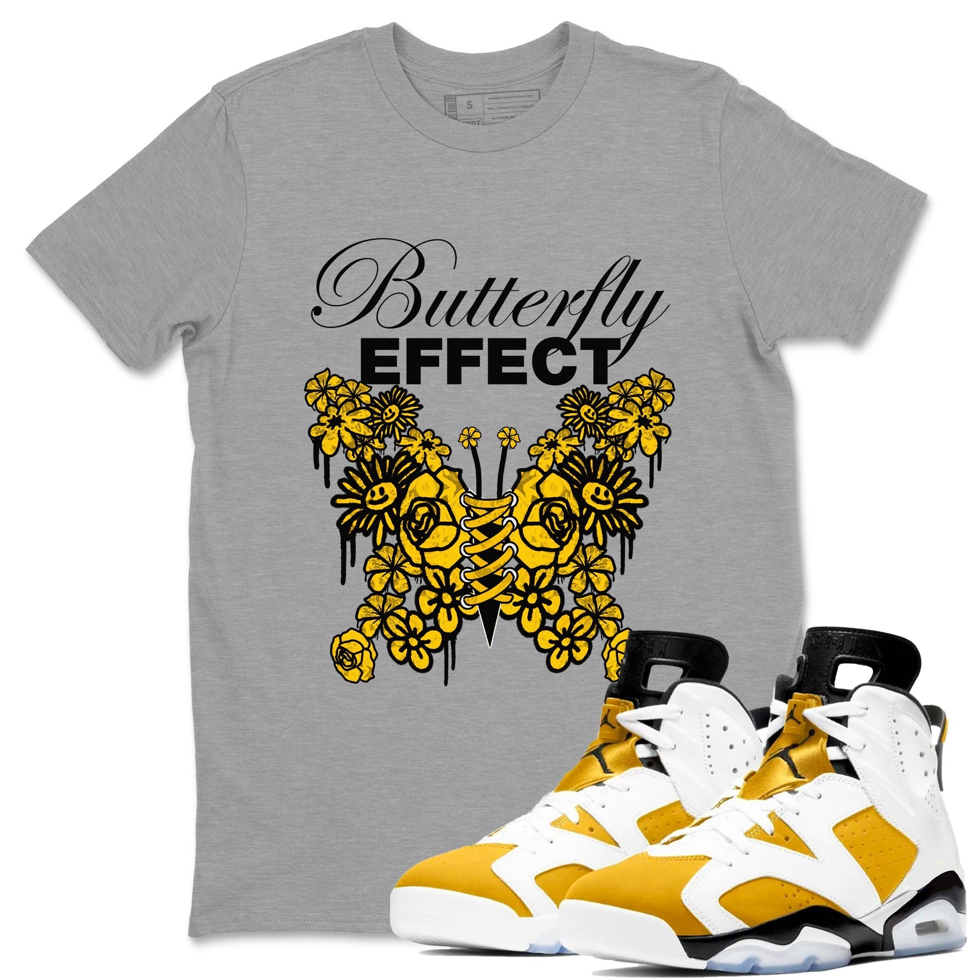 Air Jordan 6 Yellow Ochre shirt to match jordans Butterfly Effect sneaker tees streetwear brand AJ6 Yellow Ochre Drip Gear Zone Brand Unisex Heather Grey 1 T-Shirt