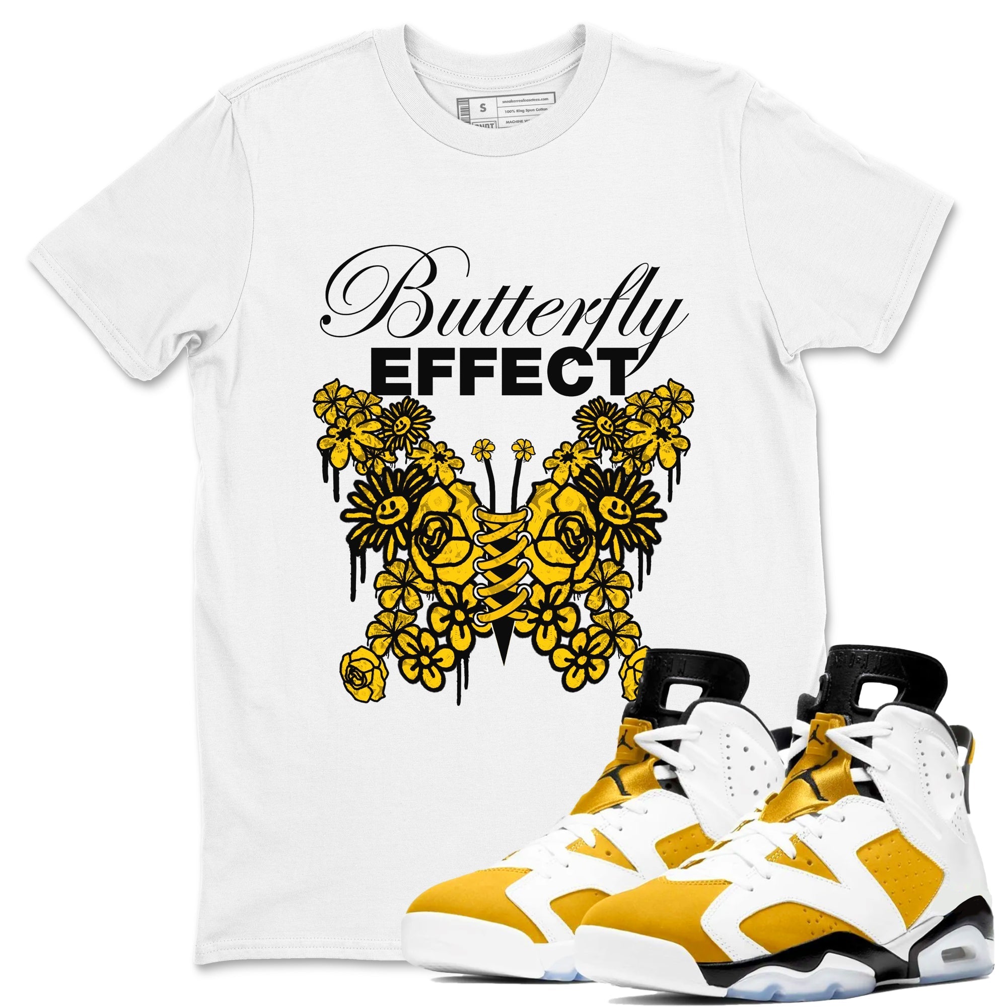Air Jordan 6 Yellow Ochre shirt to match jordans Butterfly Effect sneaker tees streetwear brand AJ6 Yellow Ochre Drip Gear Zone Brand Unisex White 1 T-Shirt