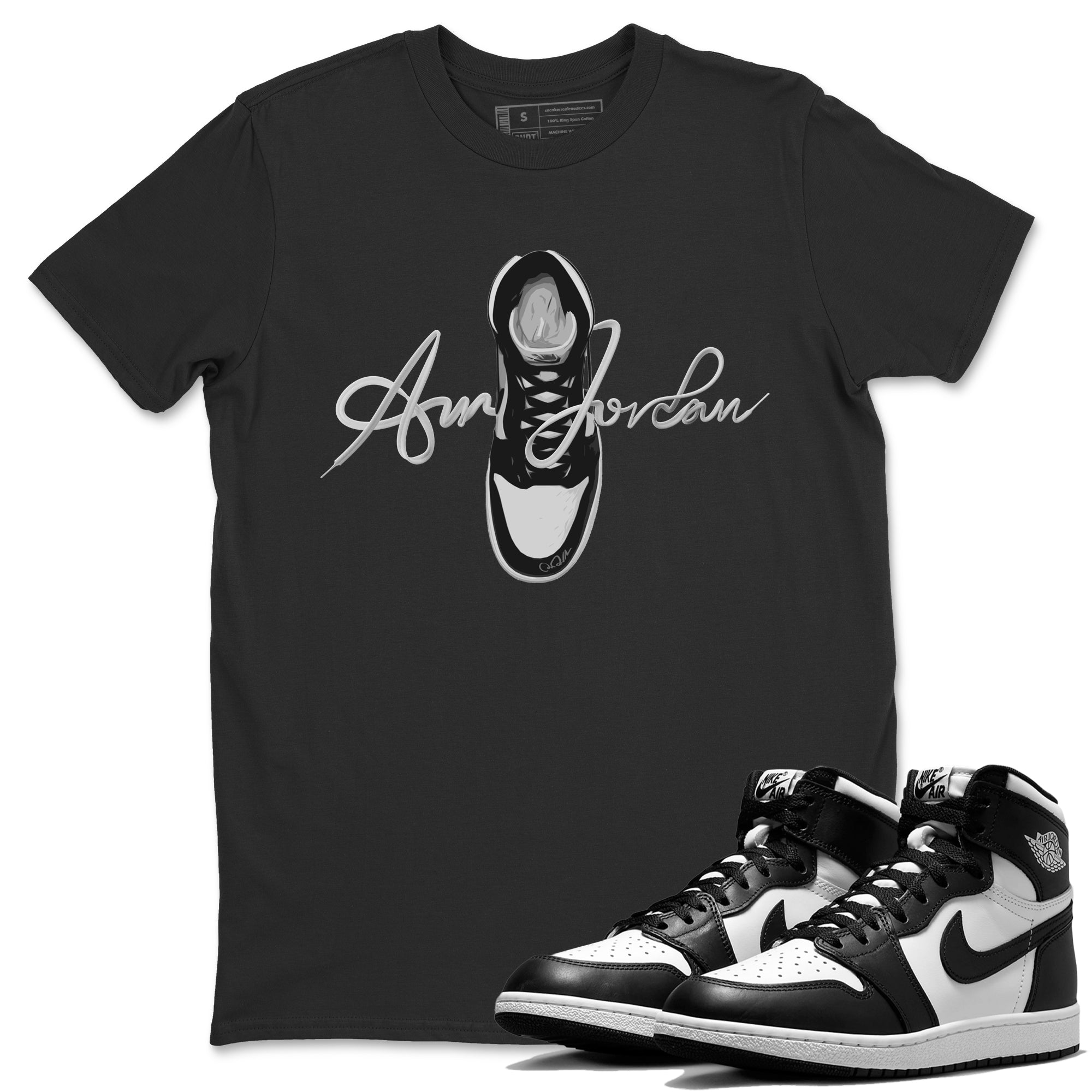 Jordan 1 Black White Sneaker Tees Drip Gear Zone Caligraphy Shoe Lace Sneaker Tees Jordan 1 Black White Shirt Unisex Shirts