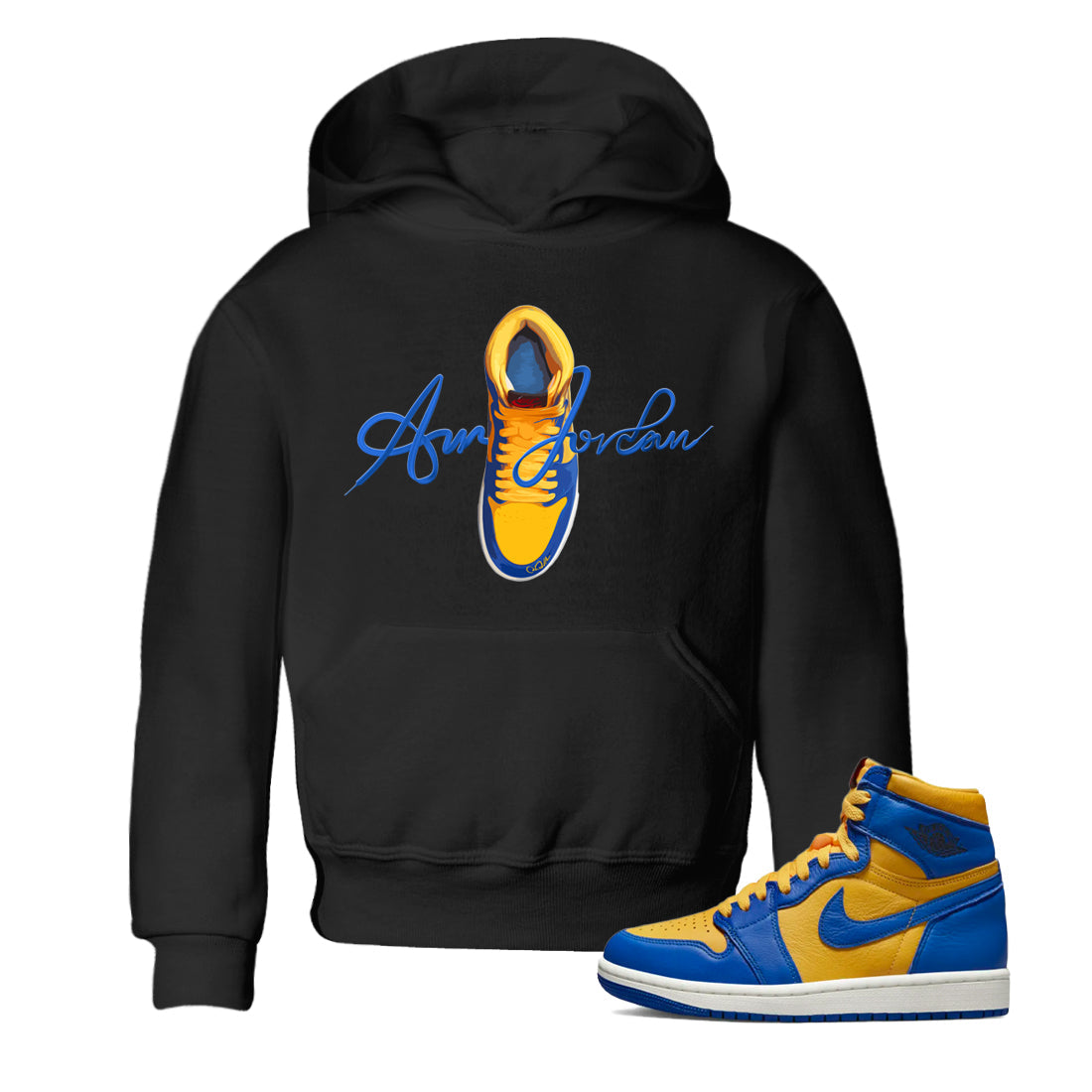 Jordan 1 Game Royal Varsity Maize Sneaker Tees Drip Gear Zone Caligraphy Shoe Lace Sneaker Tees Jordan 1 Game Royal Varsity Maize Shirt Kids Shirts
