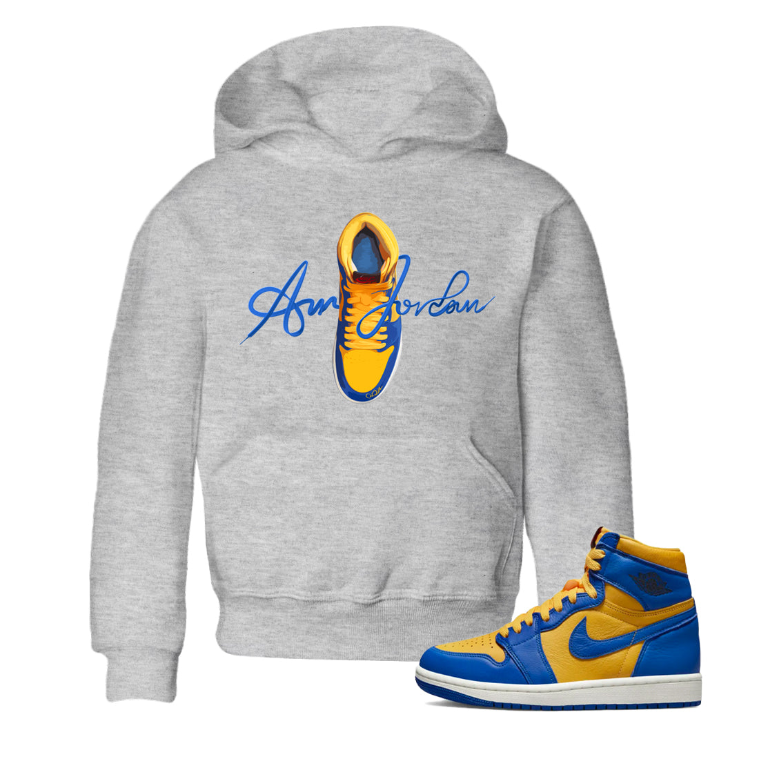 Jordan 1 Game Royal Varsity Maize Sneaker Tees Drip Gear Zone Caligraphy Shoe Lace Sneaker Tees Jordan 1 Game Royal Varsity Maize Shirt Kids Shirts