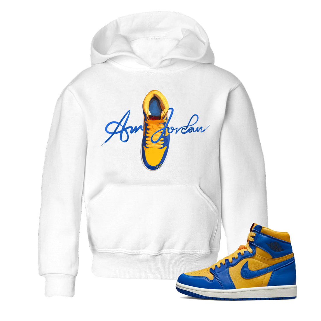 Jordan 1 Game Royal Varsity Maize Sneaker Tees Drip Gear Zone Caligraphy Shoe Lace Sneaker Tees Jordan 1 Game Royal Varsity Maize Shirt Kids Shirts