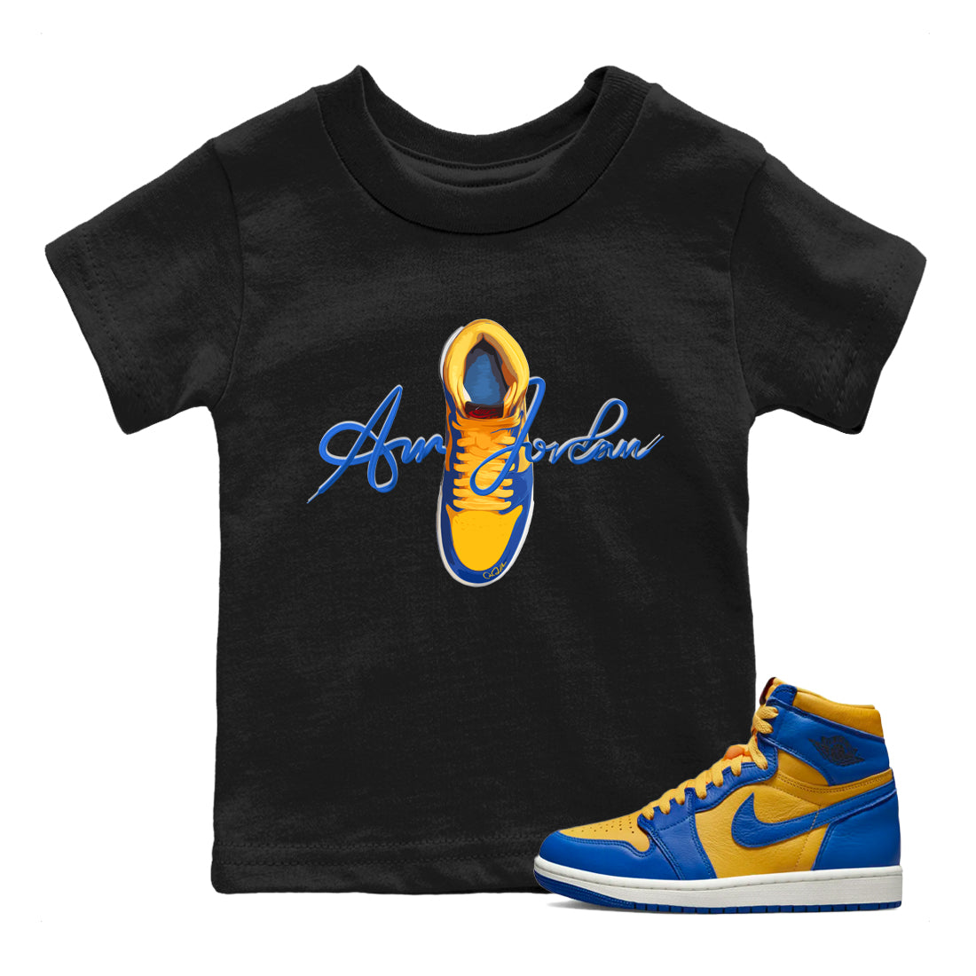 Jordan 1 Game Royal Varsity Maize Sneaker Tees Drip Gear Zone Caligraphy Shoe Lace Sneaker Tees Jordan 1 Game Royal Varsity Maize Shirt Kids Shirts