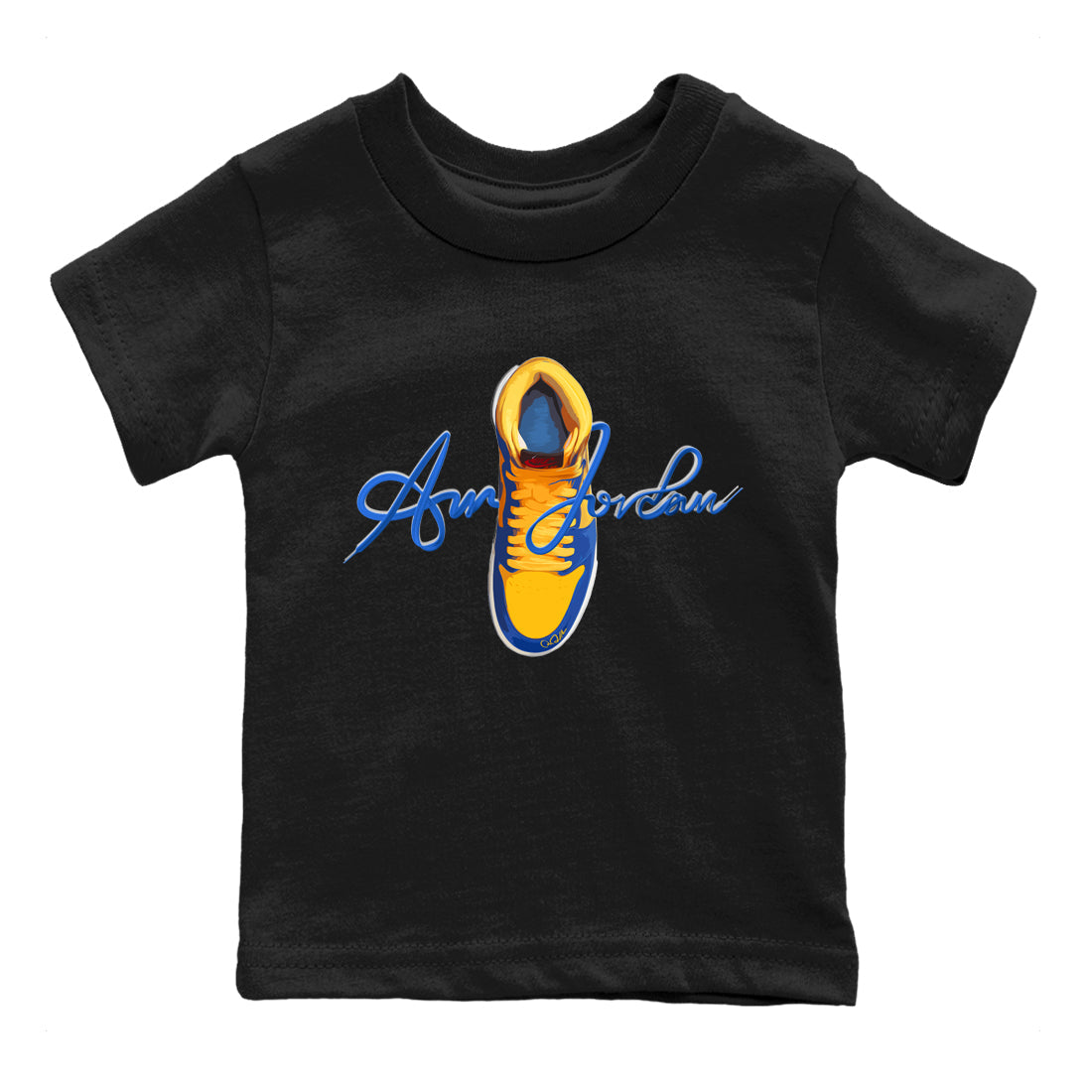 Jordan 1 Game Royal Varsity Maize Sneaker Tees Drip Gear Zone Caligraphy Shoe Lace Sneaker Tees Jordan 1 Game Royal Varsity Maize Shirt Kids Shirts