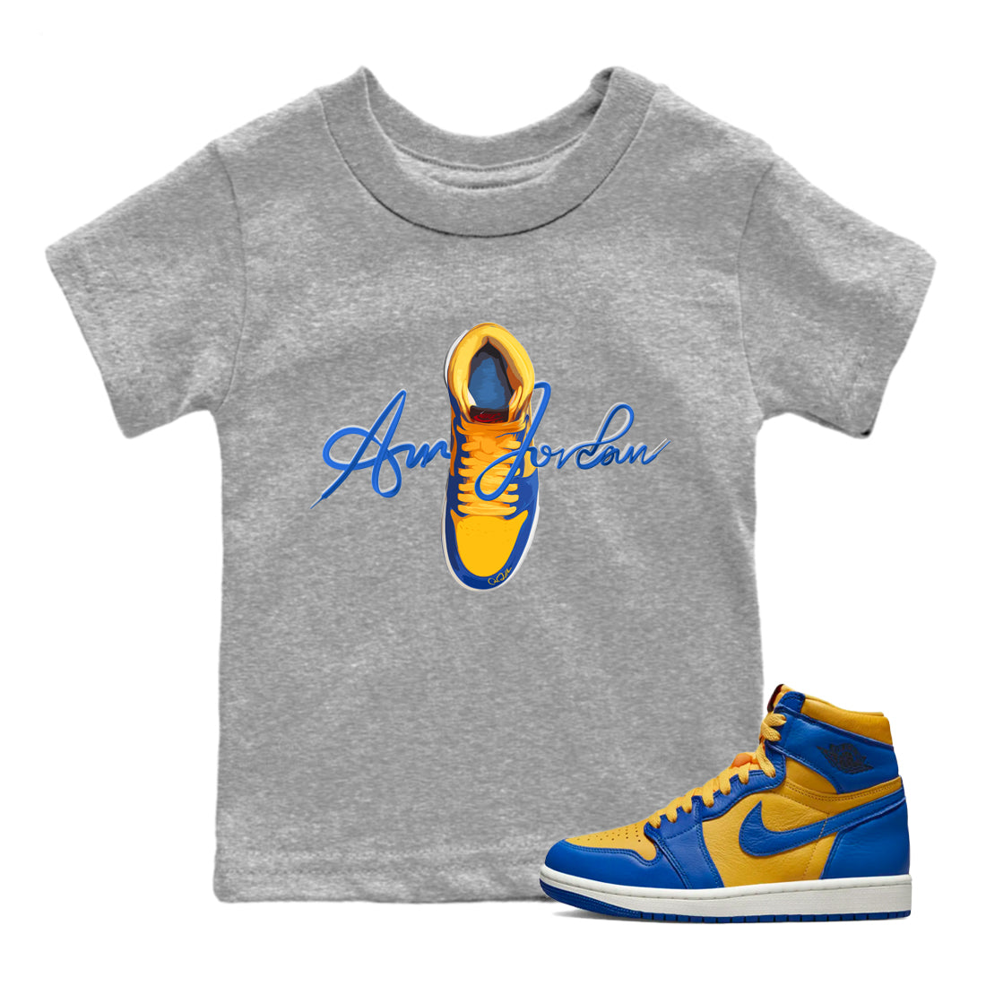 Jordan 1 Game Royal Varsity Maize Sneaker Tees Drip Gear Zone Caligraphy Shoe Lace Sneaker Tees Jordan 1 Game Royal Varsity Maize Shirt Kids Shirts