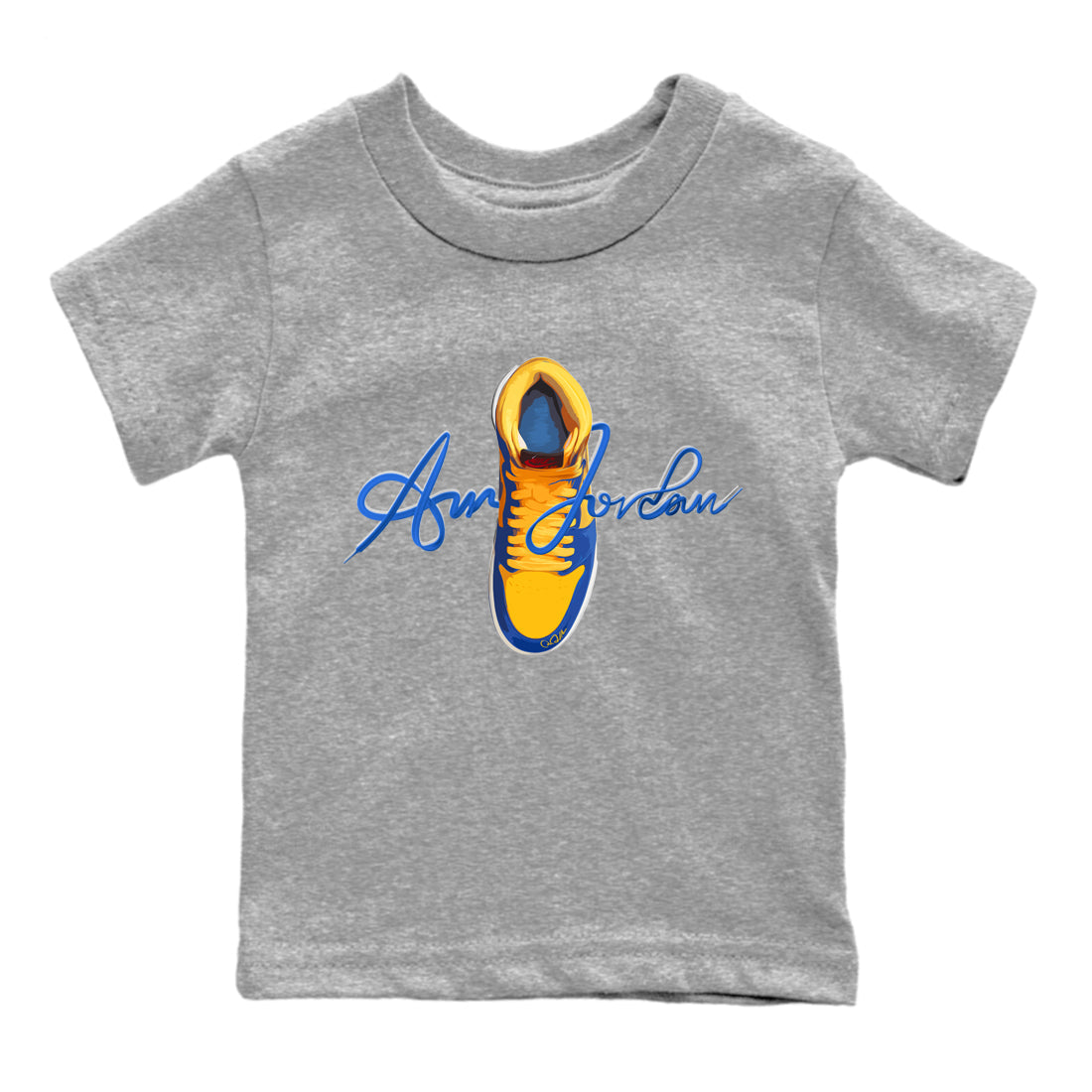 Jordan 1 Game Royal Varsity Maize Sneaker Tees Drip Gear Zone Caligraphy Shoe Lace Sneaker Tees Jordan 1 Game Royal Varsity Maize Shirt Kids Shirts