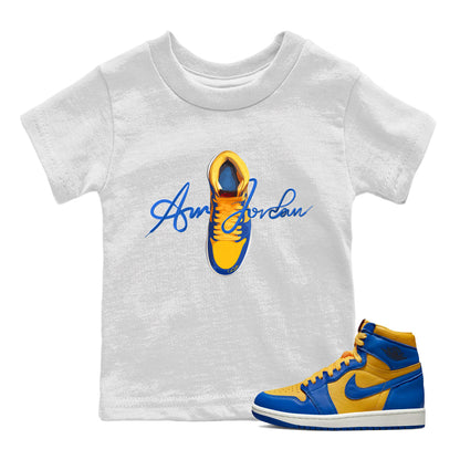 Jordan 1 Game Royal Varsity Maize Sneaker Tees Drip Gear Zone Caligraphy Shoe Lace Sneaker Tees Jordan 1 Game Royal Varsity Maize Shirt Kids Shirts