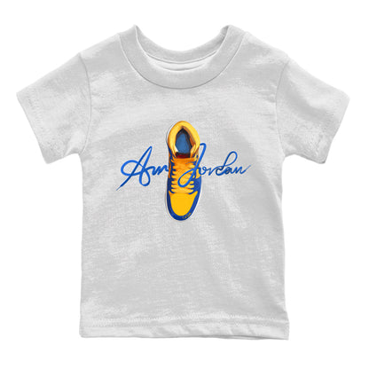 Jordan 1 Game Royal Varsity Maize Sneaker Tees Drip Gear Zone Caligraphy Shoe Lace Sneaker Tees Jordan 1 Game Royal Varsity Maize Shirt Kids Shirts