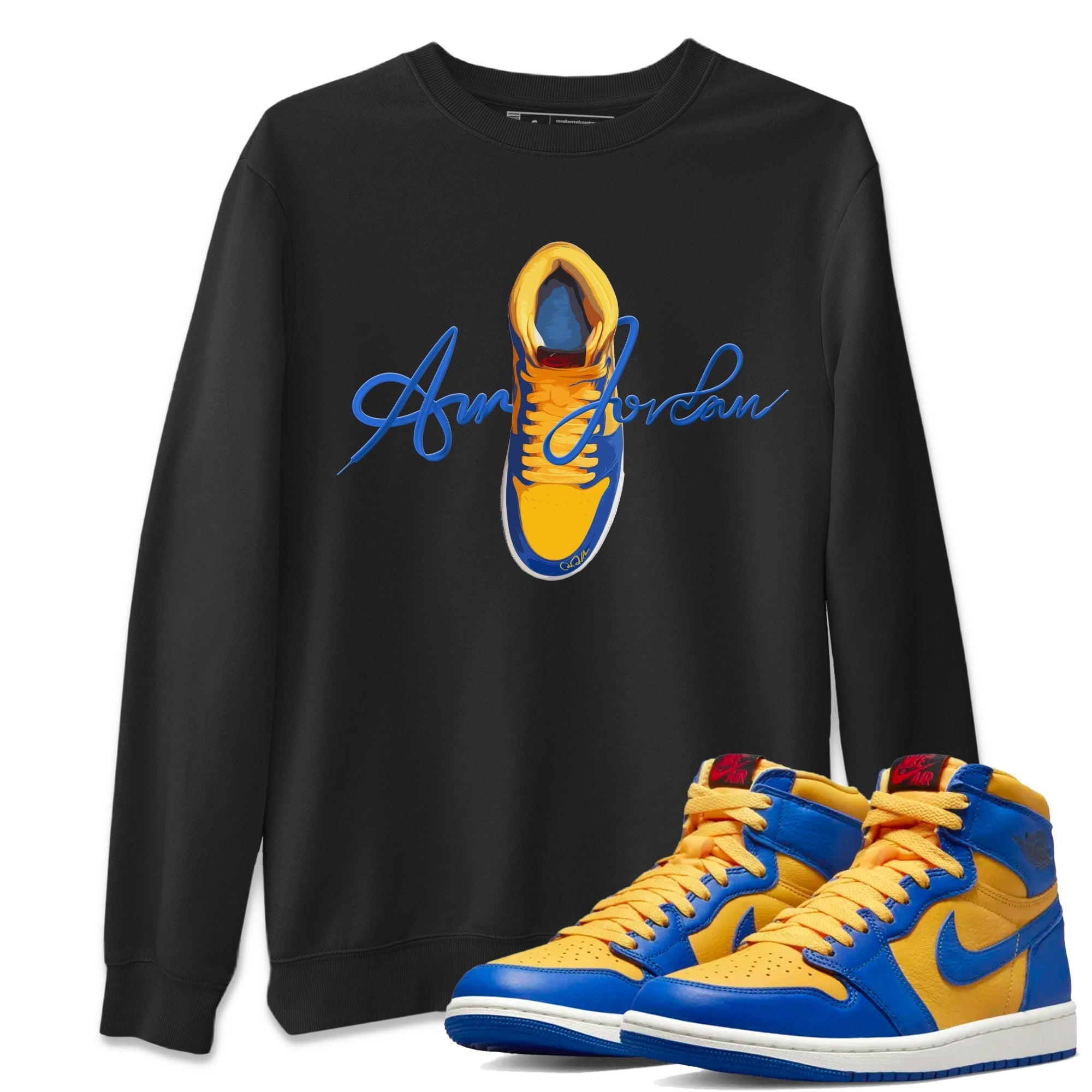 Jordan 1 Game Royal Varsity Maize Sneaker Tees Drip Gear Zone Caligraphy Shoe Lace Sneaker Tees Jordan 1 Game Royal Varsity Maize Shirt Unisex Shirts