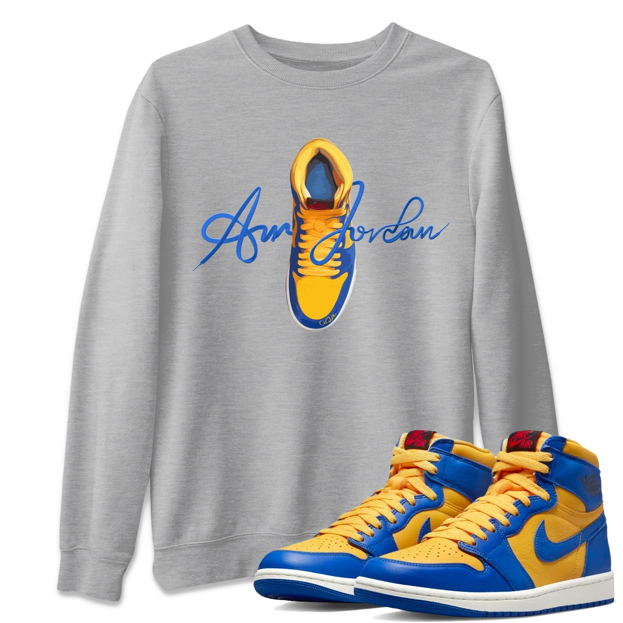 Jordan 1 Game Royal Varsity Maize Sneaker Tees Drip Gear Zone Caligraphy Shoe Lace Sneaker Tees Jordan 1 Game Royal Varsity Maize Shirt Unisex Shirts