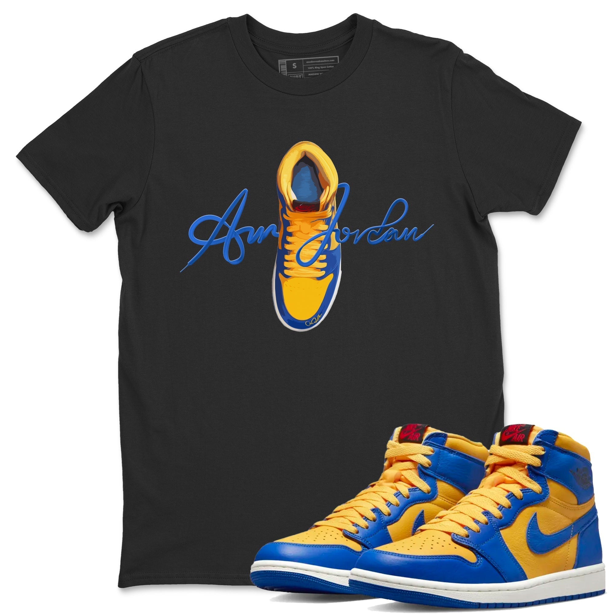 Jordan 1 Game Royal Varsity Maize Sneaker Tees Drip Gear Zone Caligraphy Shoe Lace Sneaker Tees Jordan 1 Game Royal Varsity Maize Shirt Unisex Shirts