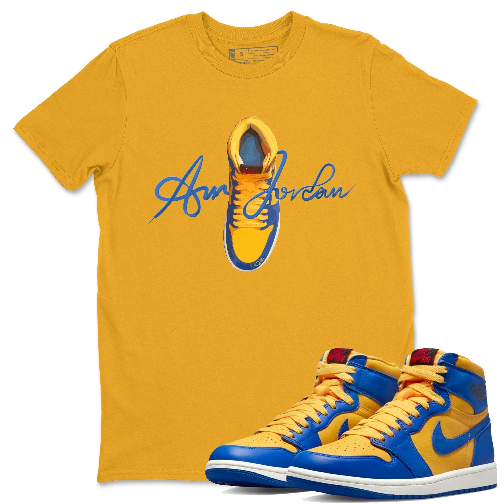 Jordan 1 Game Royal Varsity Maize Sneaker Tees Drip Gear Zone Caligraphy Shoe Lace Sneaker Tees Jordan 1 Game Royal Varsity Maize Shirt Unisex Shirts