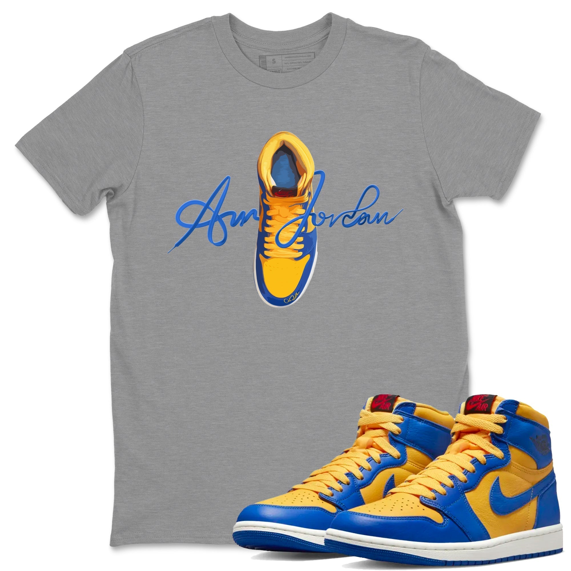 Jordan 1 Game Royal Varsity Maize Sneaker Tees Drip Gear Zone Caligraphy Shoe Lace Sneaker Tees Jordan 1 Game Royal Varsity Maize Shirt Unisex Shirts