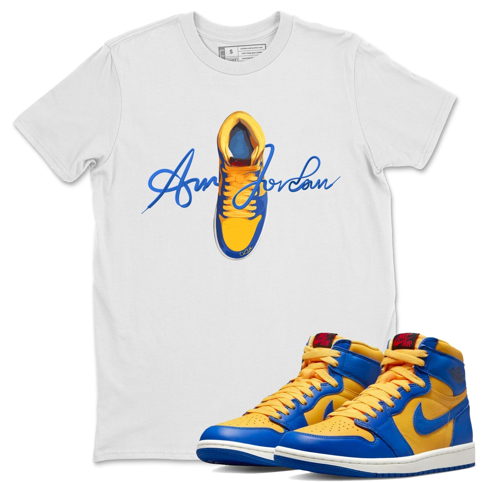 Jordan 1 Game Royal Varsity Maize Sneaker Tees Drip Gear Zone Caligraphy Shoe Lace Sneaker Tees Jordan 1 Game Royal Varsity Maize Shirt Unisex Shirts