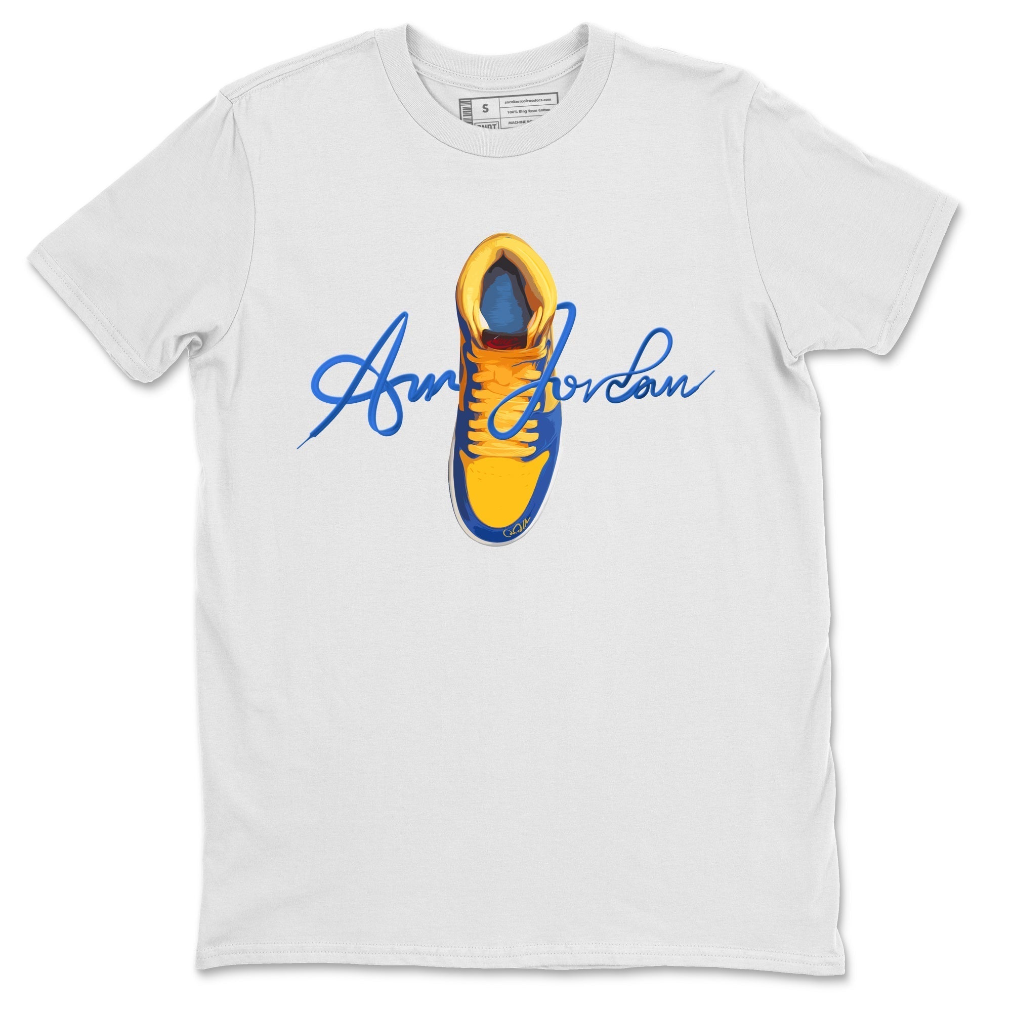 Jordan 1 Game Royal Varsity Maize Sneaker Tees Drip Gear Zone Caligraphy Shoe Lace Sneaker Tees Jordan 1 Game Royal Varsity Maize Shirt Unisex Shirts