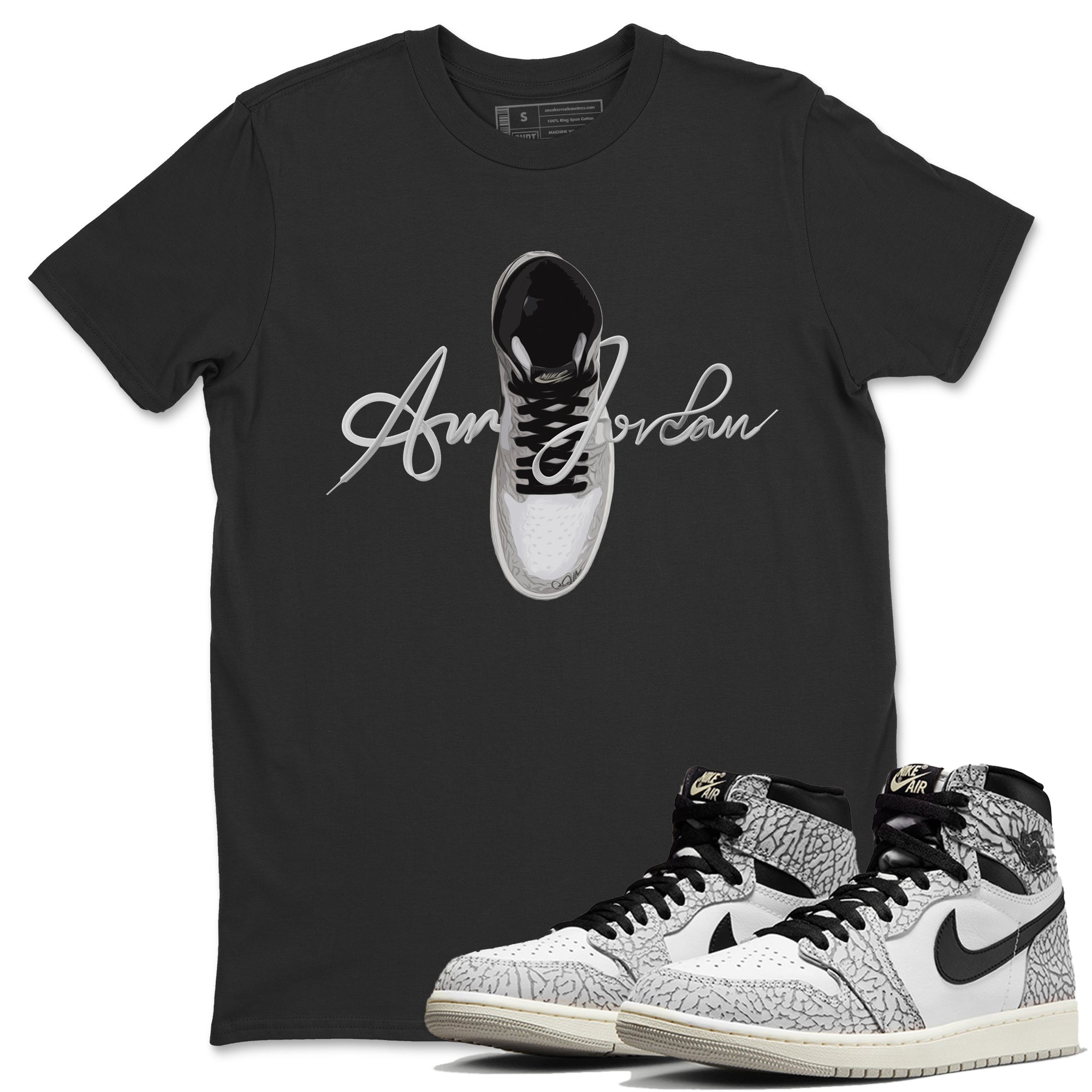 Jordan 1 High White Cement Sneaker Tees Drip Gear Zone Caligraphy Shoe Lace Sneaker Tees Jordan 1 High White Cement Shirt Unisex Shirts