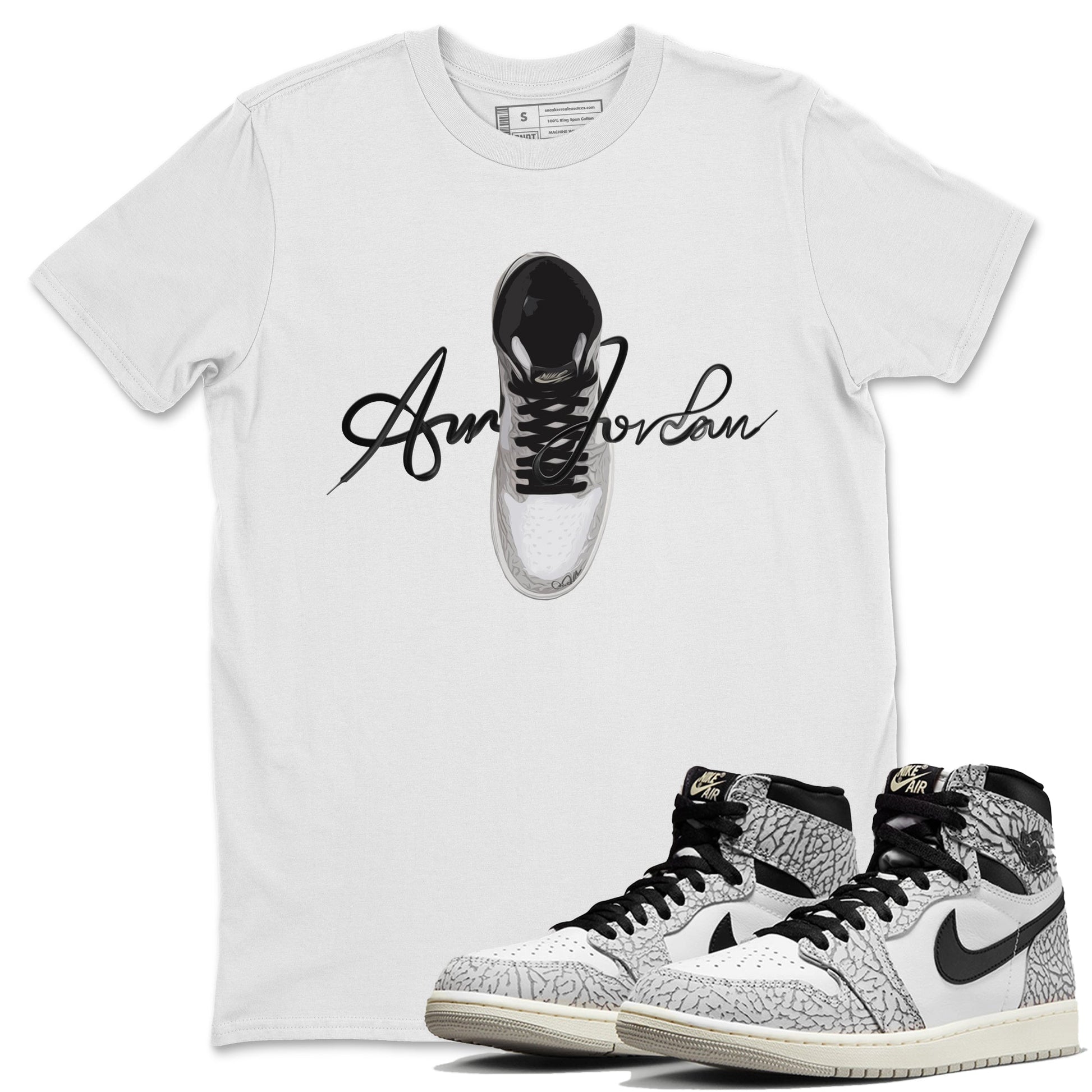Jordan 1 High White Cement Sneaker Tees Drip Gear Zone Caligraphy Shoe Lace Sneaker Tees Jordan 1 High White Cement Shirt Unisex Shirts