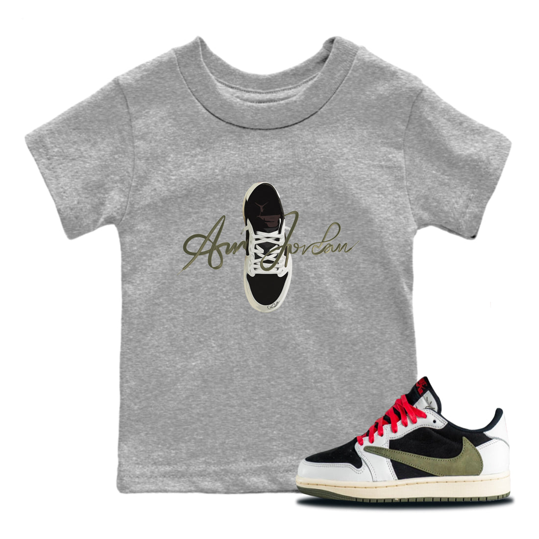 Jordan 1 Travis Scott Olive Sneaker Tees Drip Gear Zone Caligraphy Shoe Lace Sneaker Tees Jordan 1 Travis Scott Olive Shirt Kids Shirts