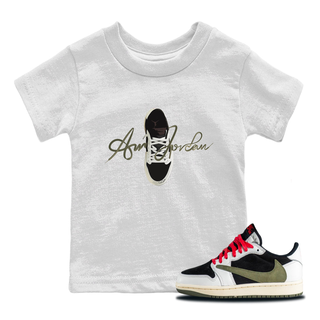Jordan 1 Travis Scott Olive Sneaker Tees Drip Gear Zone Caligraphy Shoe Lace Sneaker Tees Jordan 1 Travis Scott Olive Shirt Kids Shirts