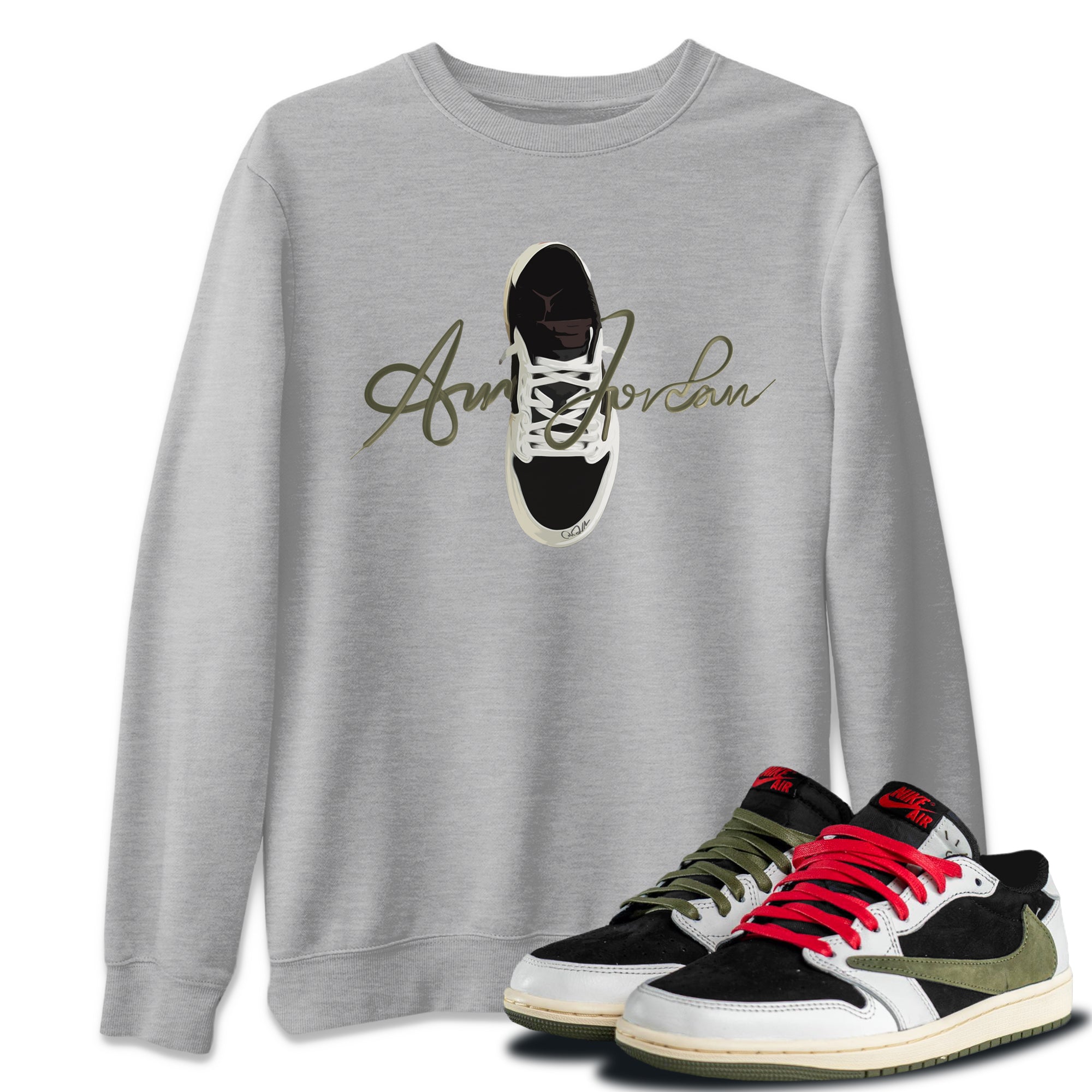 Jordan 1 Travis Scott Olive Sneaker Tees Drip Gear Zone Caligraphy Shoe Lace Sneaker Tees Jordan 1 Travis Scott Olive Shirt Unisex Shirts