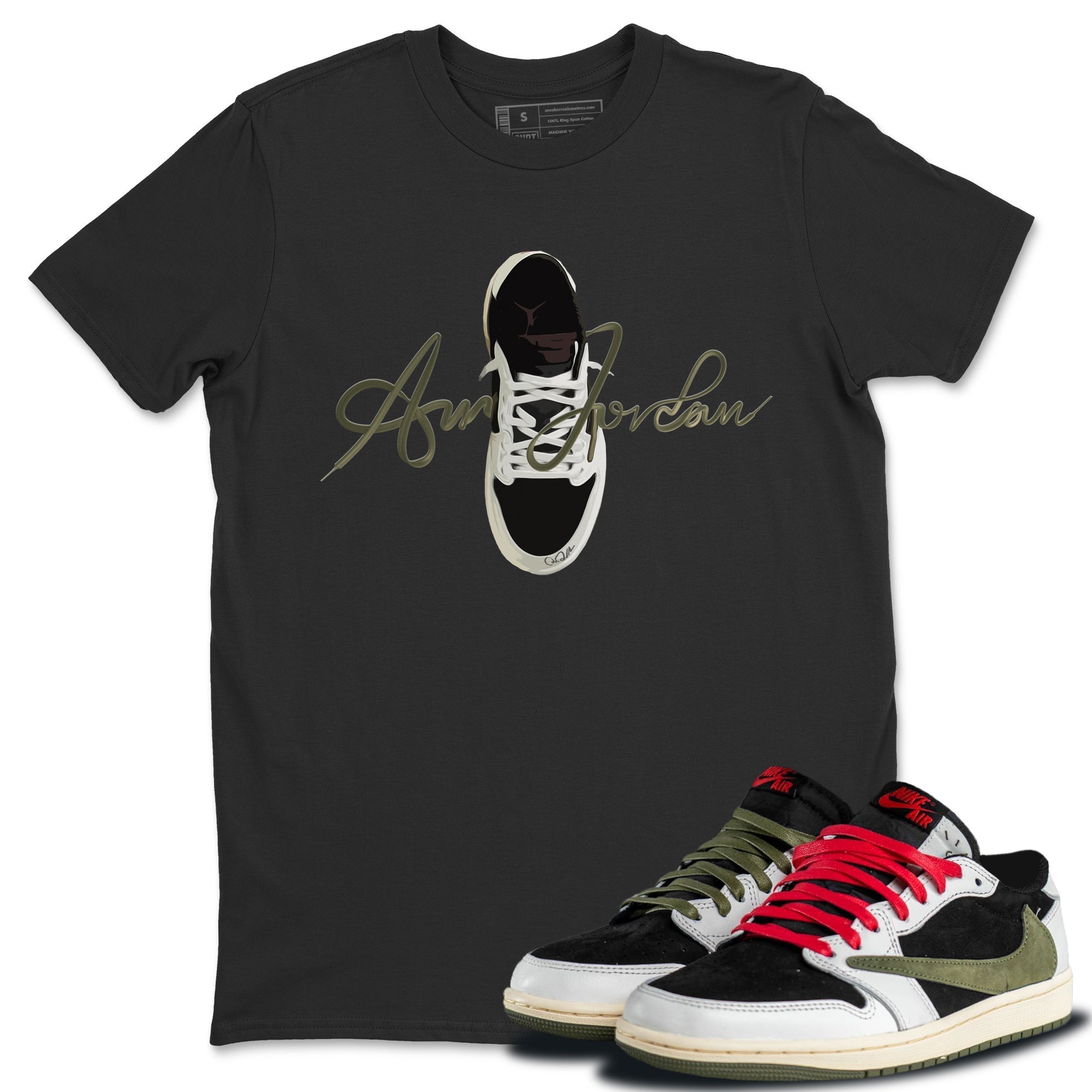 Jordan 1 Travis Scott Olive Sneaker Tees Drip Gear Zone Caligraphy Shoe Lace Sneaker Tees Jordan 1 Travis Scott Olive Shirt Unisex Shirts