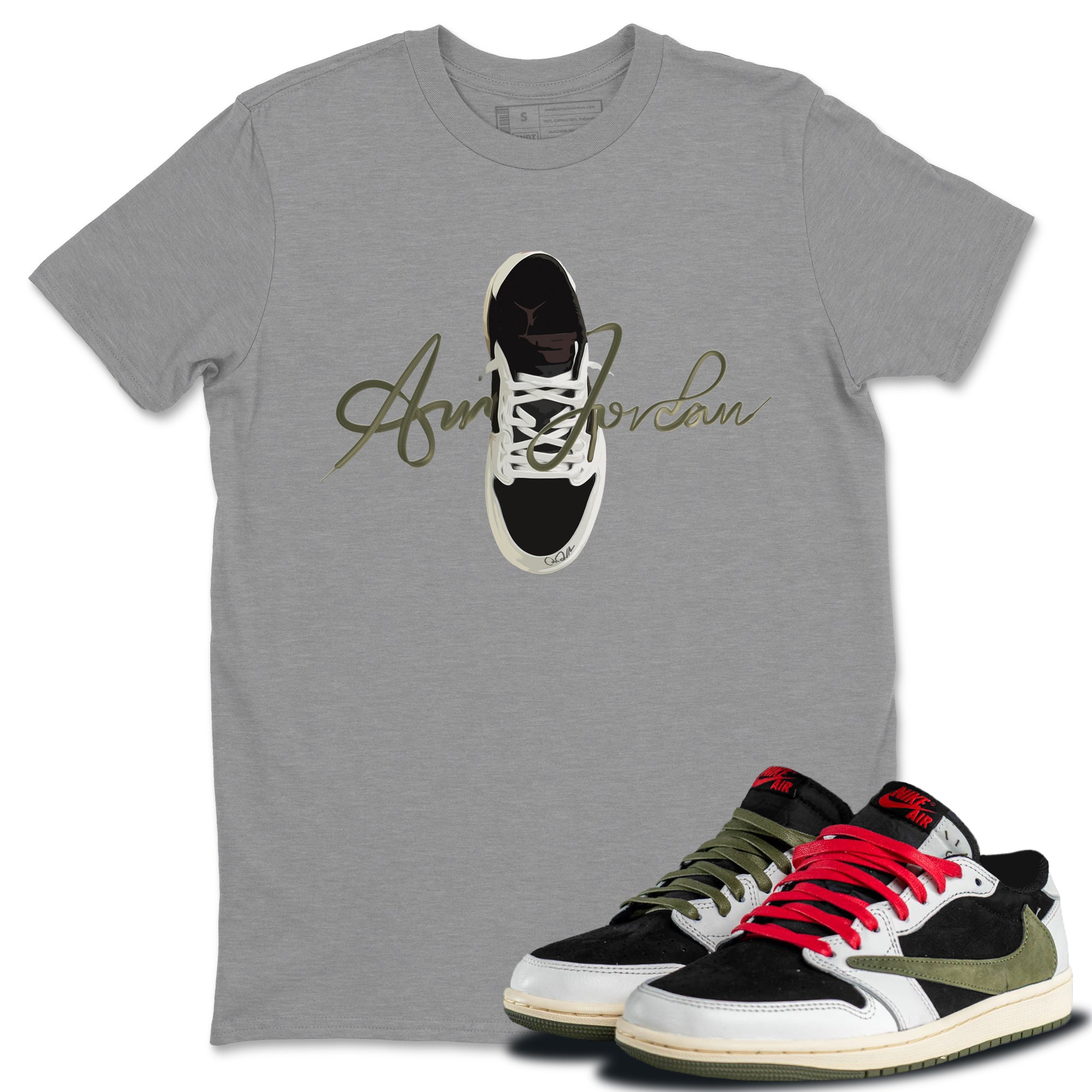 Jordan 1 Travis Scott Olive Sneaker Tees Drip Gear Zone Caligraphy Shoe Lace Sneaker Tees Jordan 1 Travis Scott Olive Shirt Unisex Shirts
