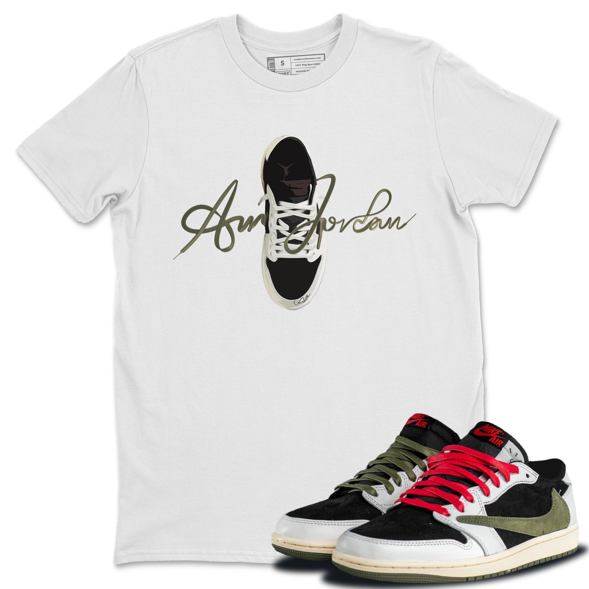 Jordan 1 Travis Scott Olive Sneaker Tees Drip Gear Zone Caligraphy Shoe Lace Sneaker Tees Jordan 1 Travis Scott Olive Shirt Unisex Shirts