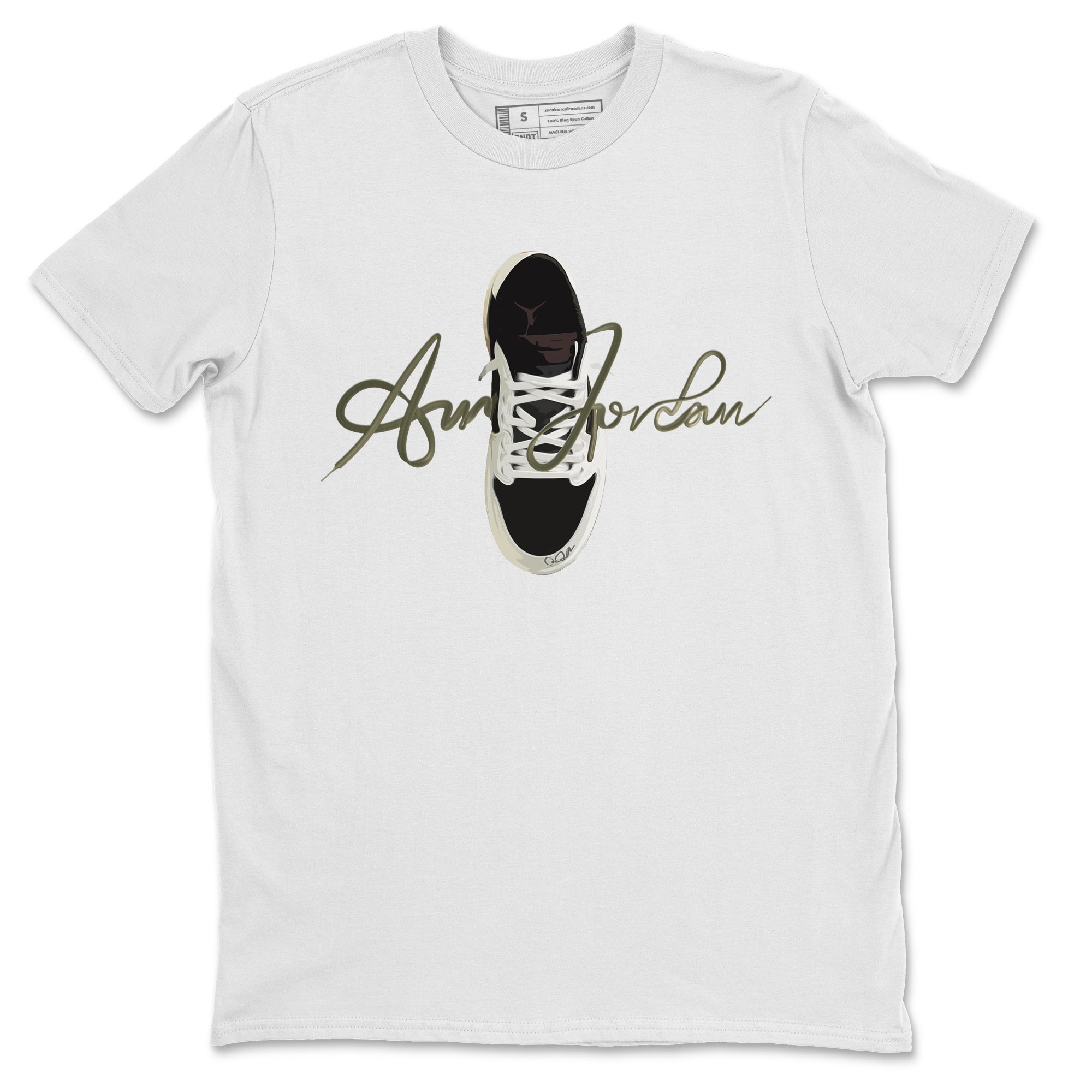 Jordan 1 Travis Scott Olive Sneaker Tees Drip Gear Zone Caligraphy Shoe Lace Sneaker Tees Jordan 1 Travis Scott Olive Shirt Unisex Shirts