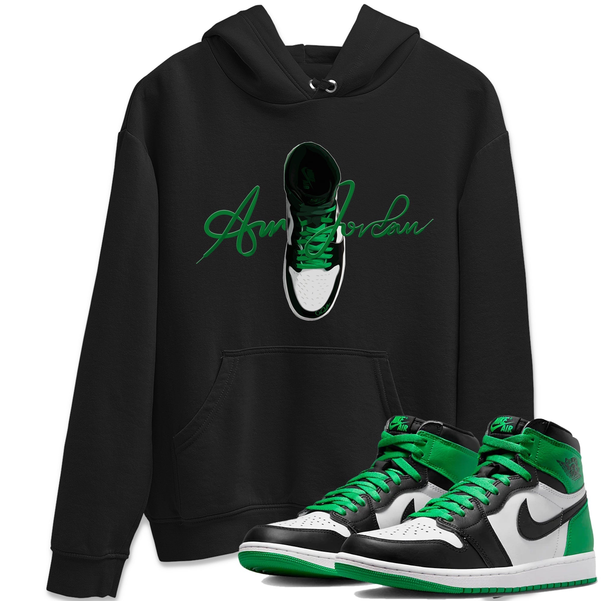Air Jordan 1 Celtics Sneaker Tees Drip Gear Zone Caligraphy Shoe Lace Sneaker Tees AJ1 High OG Lucky Green Shirt Unisex Shirts Black 1