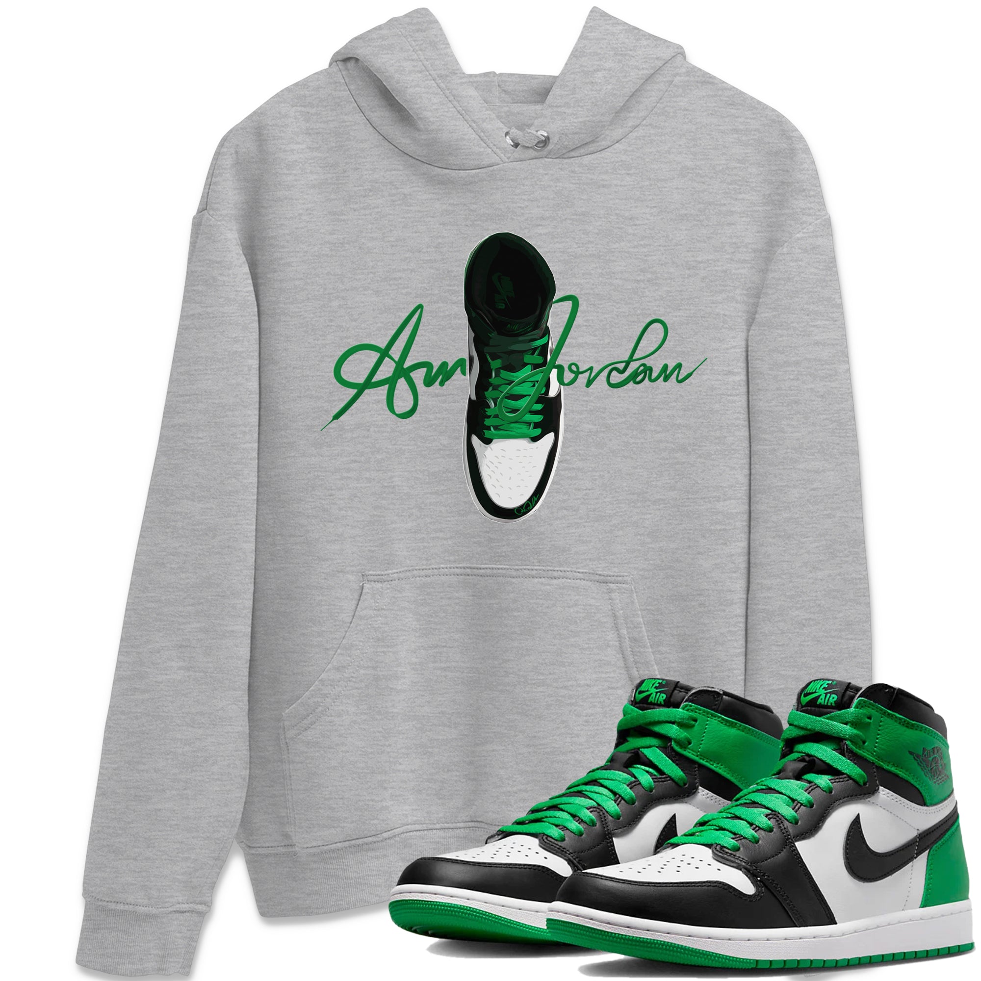 Air Jordan 1 Celtics Sneaker Tees Drip Gear Zone Caligraphy Shoe Lace Sneaker Tees AJ1 High OG Lucky Green Shirt Unisex Shirts Heather Grey 1