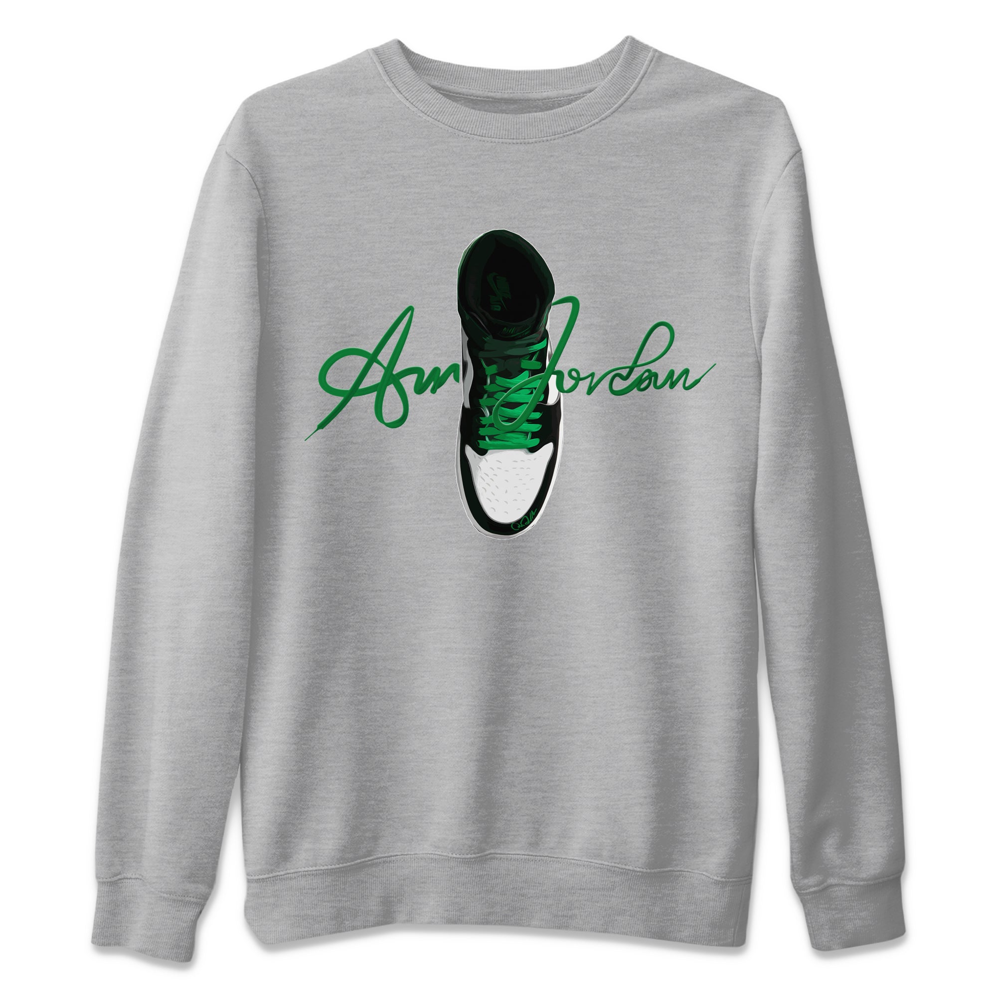 Air Jordan 1 Celtics Sneaker Tees Drip Gear Zone Caligraphy Shoe Lace Sneaker Tees AJ1 High OG Lucky Green Shirt Unisex Shirts Heather Grey 2