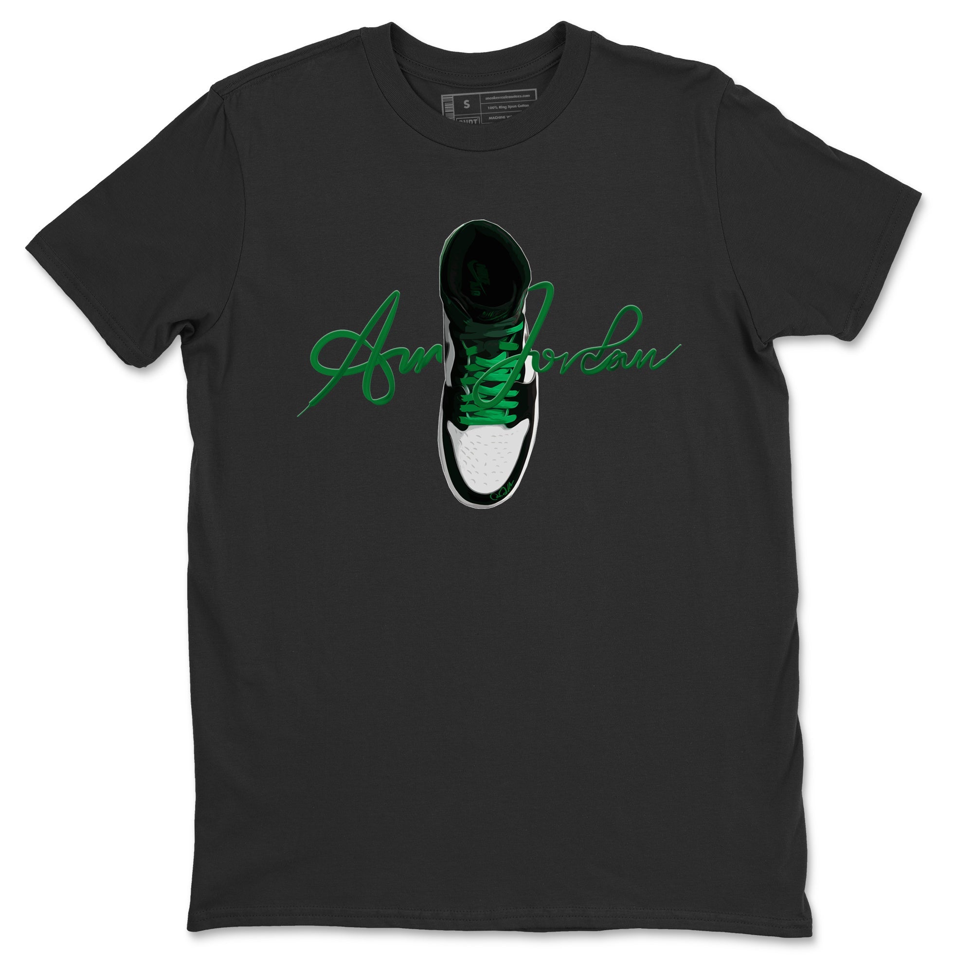 Air Jordan 1 Celtics Sneaker Tees Drip Gear Zone Caligraphy Shoe Lace Sneaker Tees AJ1 High OG Lucky Green Shirt Unisex Shirts Black 2