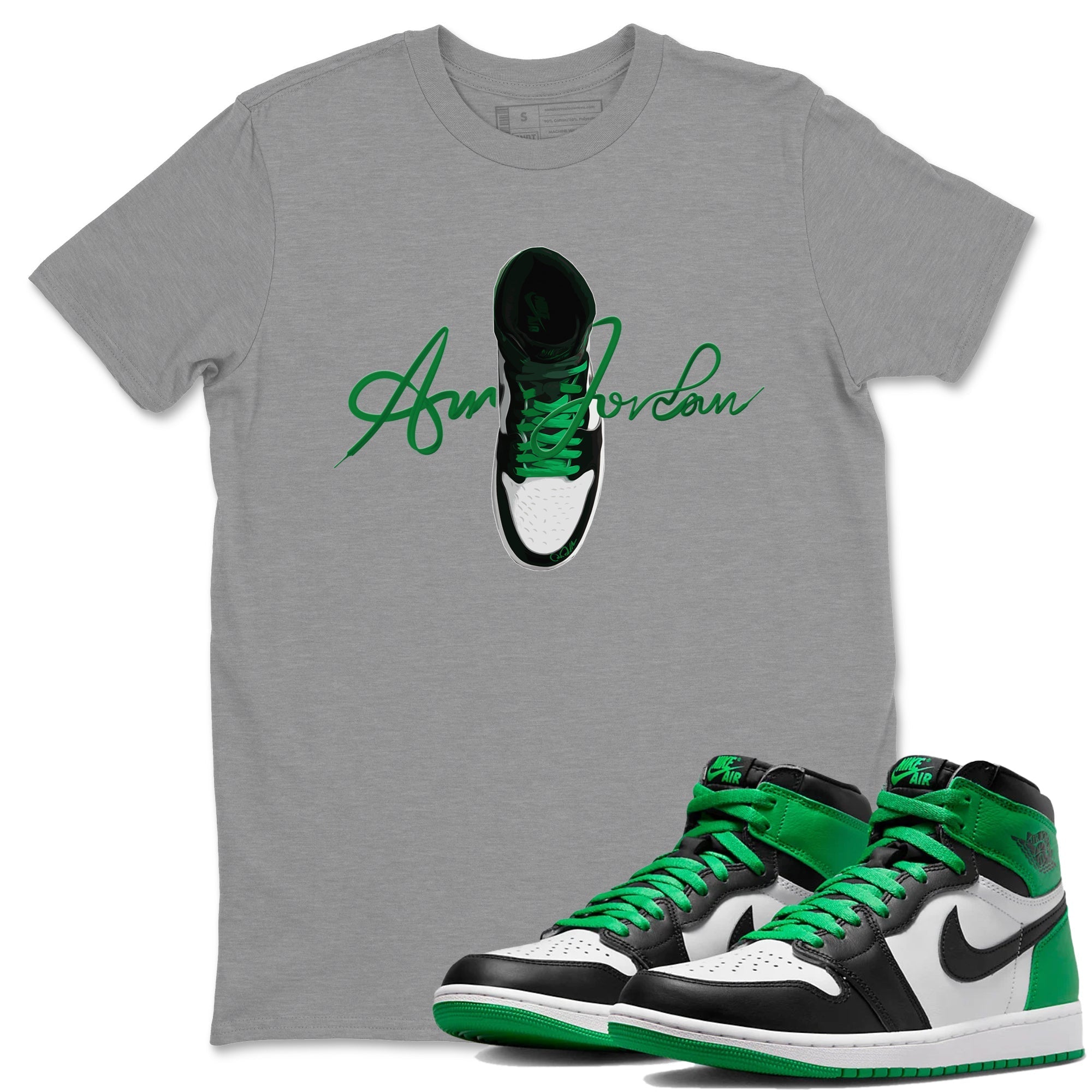 Air Jordan 1 Celtics Sneaker Tees Drip Gear Zone Caligraphy Shoe Lace Sneaker Tees AJ1 High OG Lucky Green Shirt Unisex Shirts Heather Grey 1